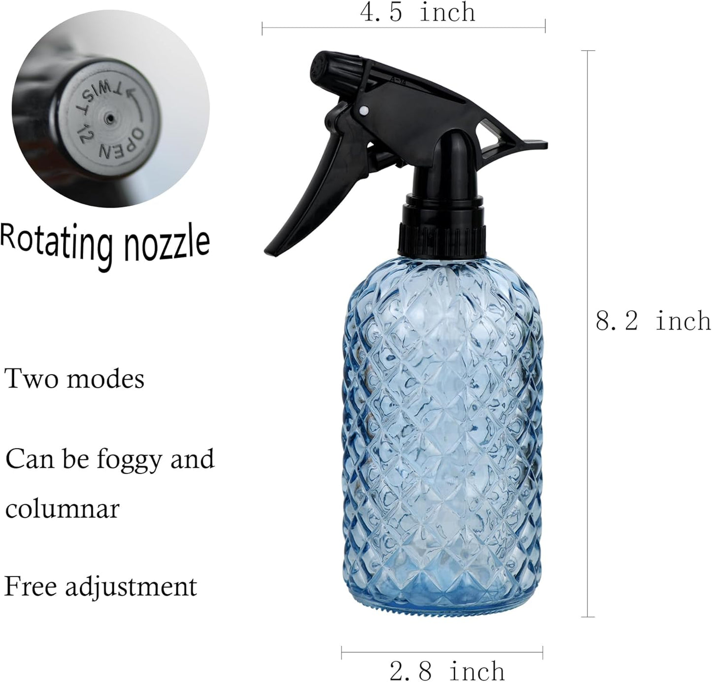 Glass Handheld Spray Bottle - 12oz Refillable Bottle ，Adjustable Nozzle Watering Can for Garden Plants Cleaning Solutions (Blue)