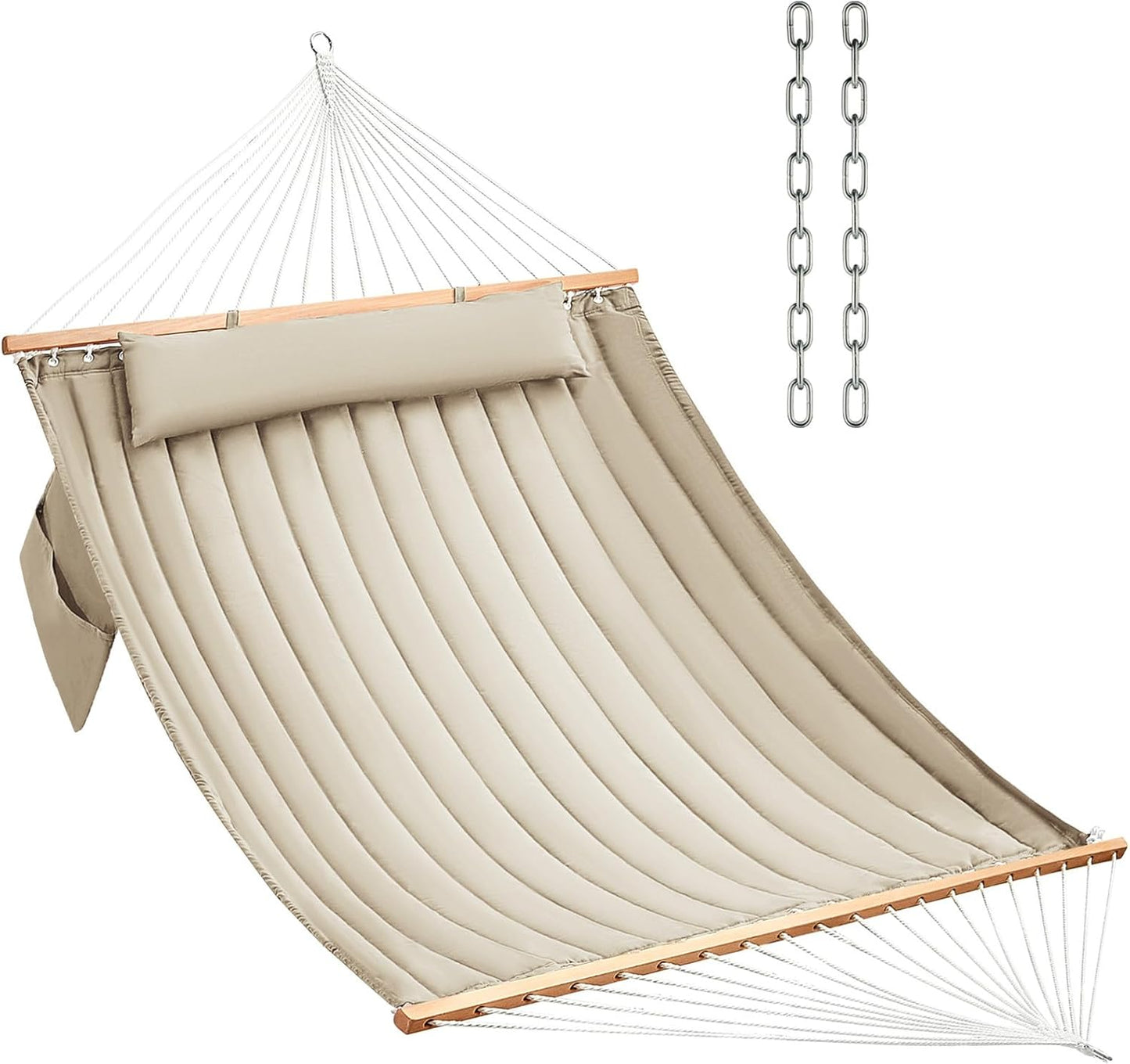 Double Quilted Fabric Hammock with Hardwood Spreader Bars and Pillow 450 LBS Capacity 2 Person Large Hammock for Outdoor Patio Backyard Poolside - Tan