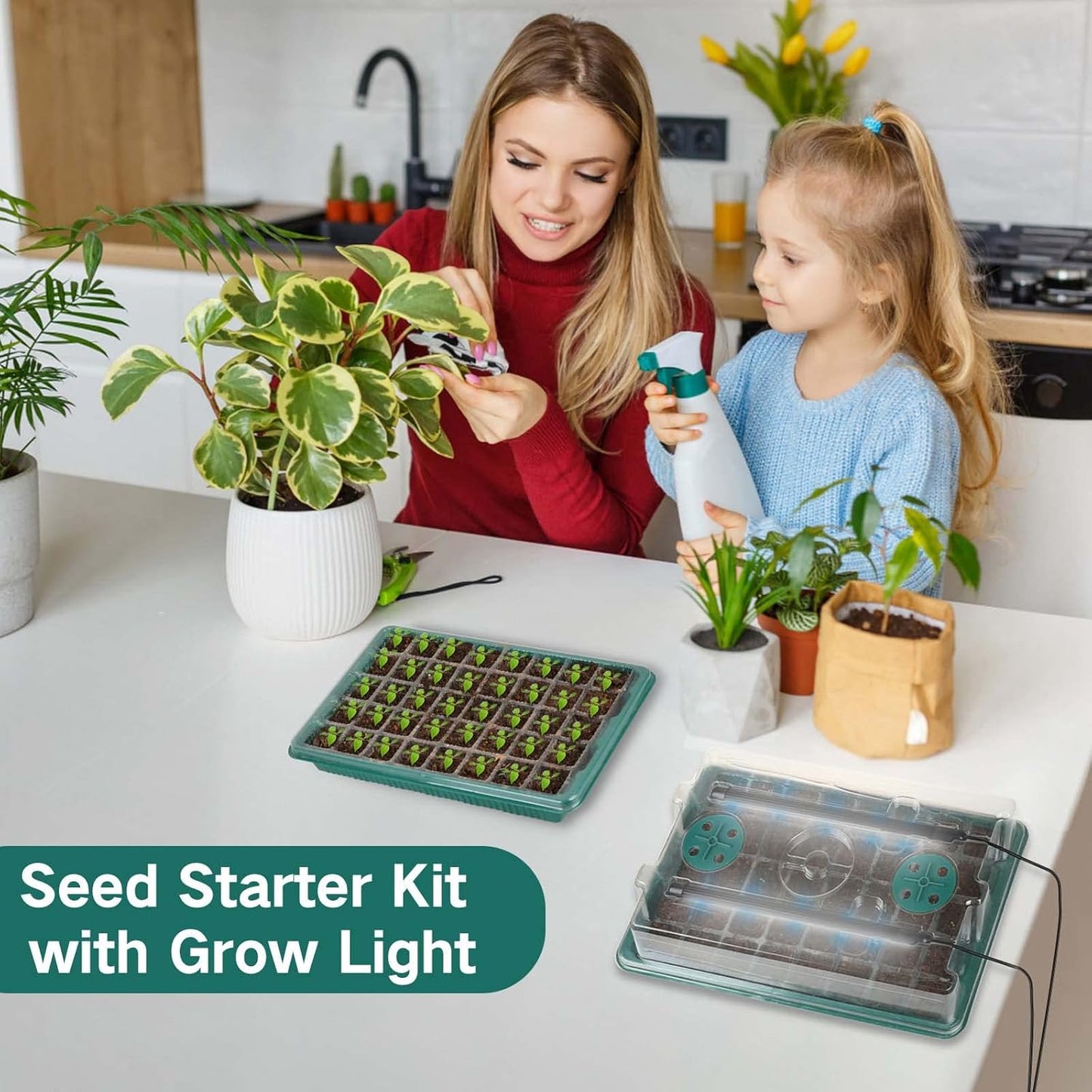 Seed Starter Tray with Grow Light, 2 Packs 80 Cells Seed Starting Kit Seedling Starter Trays with Grow Lights, Plant Germination Trays with Humidity Dome Plant Starter Kit