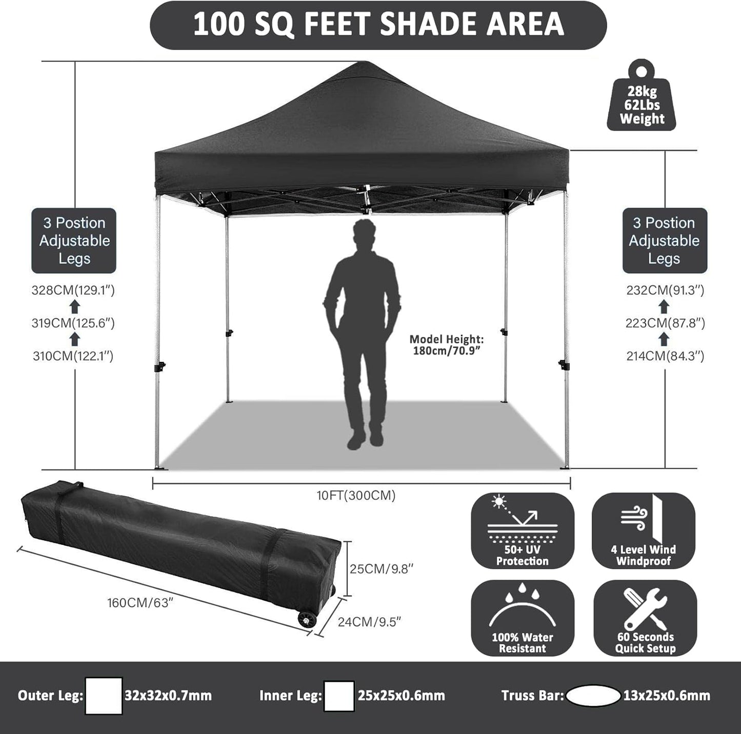 COBIZI 10x10 Pop Up Canopy with 4 Sidewall,Heavy Duty Canopy UPF 50+ All Season Wind Waterproof Commercial Outdoor Wedding Party Tents for Parties Canopy Gazebo with Roller Bag (10 x 10 ft Black)