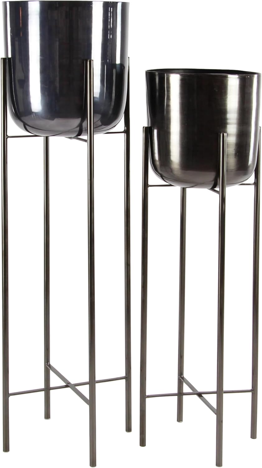 CosmoLiving by Cosmopolitan Metal Indoor Outdoor Planter Dome Large Planter Pot with Removable Stand, Set of 2 Planters 39", 46"H, Black