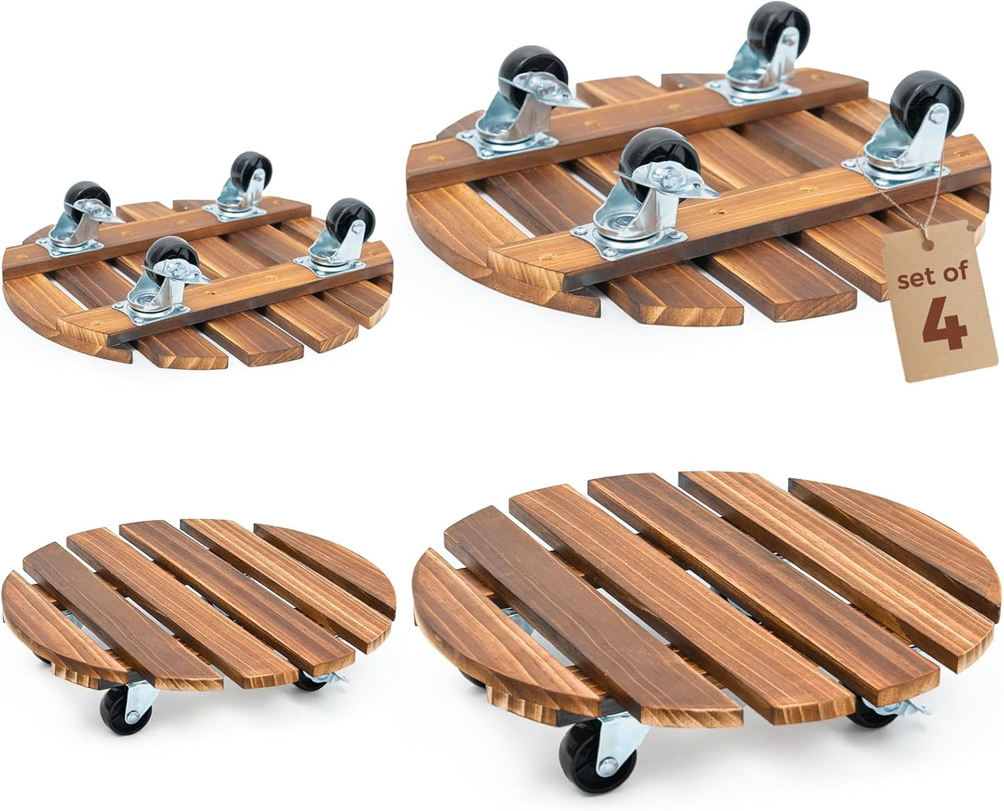 Bamworld Plant Stand with Wheels Plant Caddy Outdoor 4 Pack 12in Rolling Planter Caddy with Swiveling and Lockable Caster for Indoor Patio Plant Dolly Wood Wheeled Mobile Roller