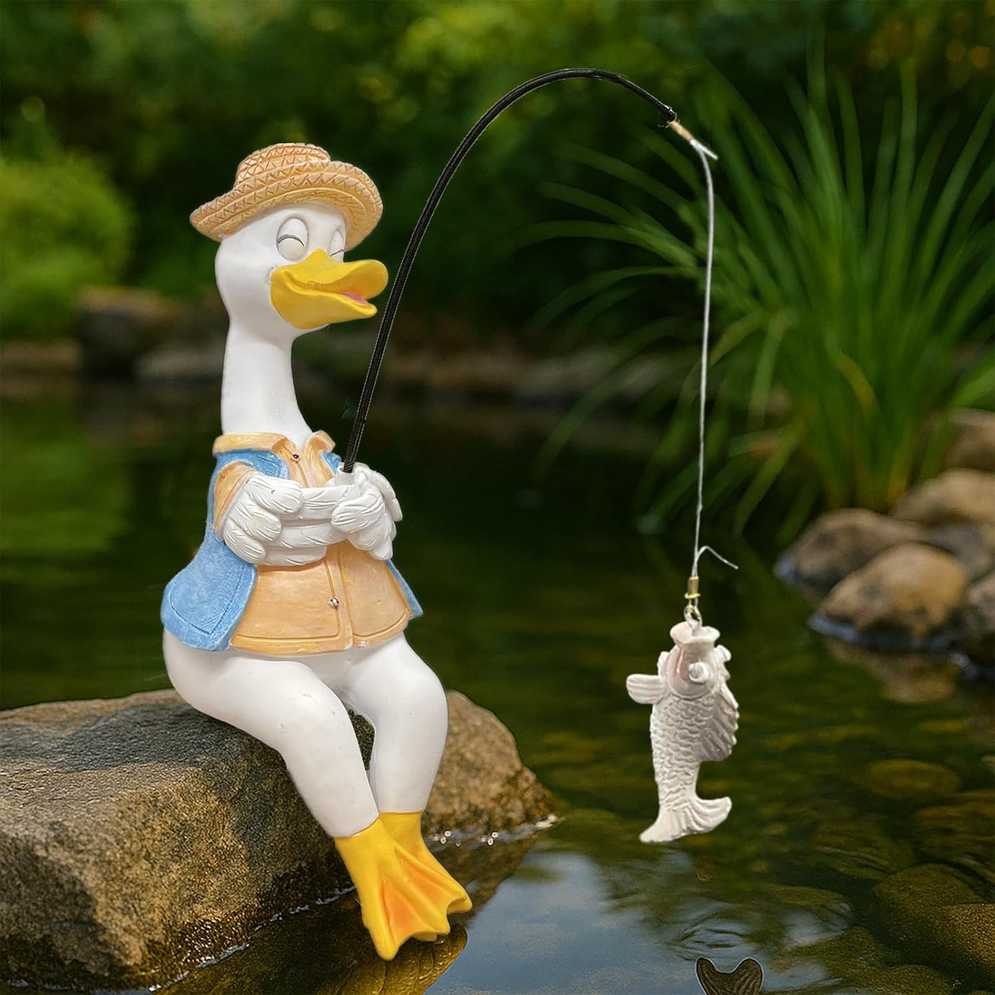 Duck Fishing Statue Garden Decor – 9.8" Weatherproof Resin Duck Fishing Sculpture Decor for Fish Ponds, Koi Ponds, Waterfalls, Poolside & Outdoor Gardens– Resin Figurine for Indoor & Outdoor Décor