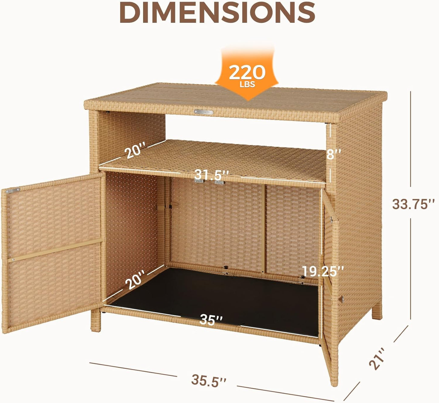 Grand patio Outdoor Storage Cabinet with Walnut Wood Tabletop Weatherproof Wicker Buffet Cabinet 2-Door Wicker Sideboard for Garden Patio Poolside Beige