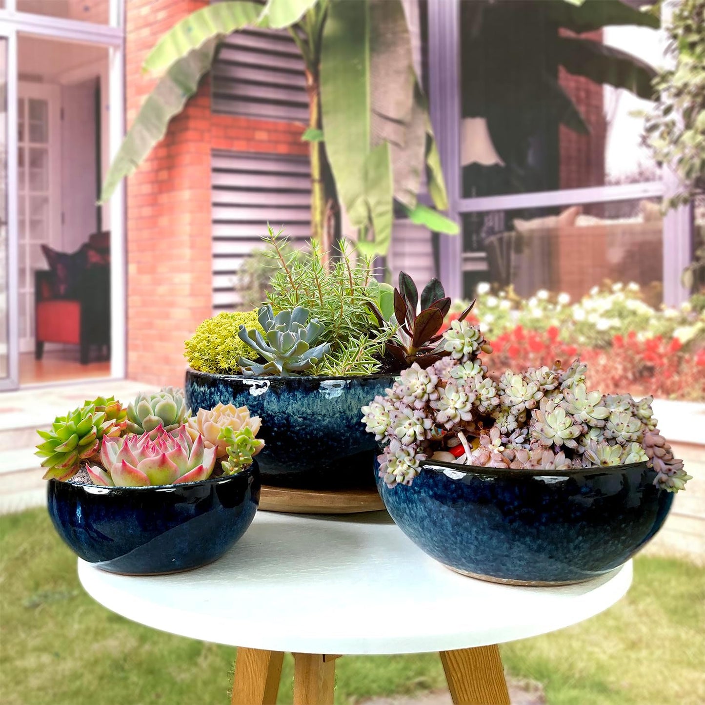 11 9 7 Inch Succulent Pot with Drainage and Mesh Pads Large Round Ceramic Plant Pot for Indoor Outdoor Plants Succulent Planter Cactus Bonsai Pot Container Set of 3 (Blue)