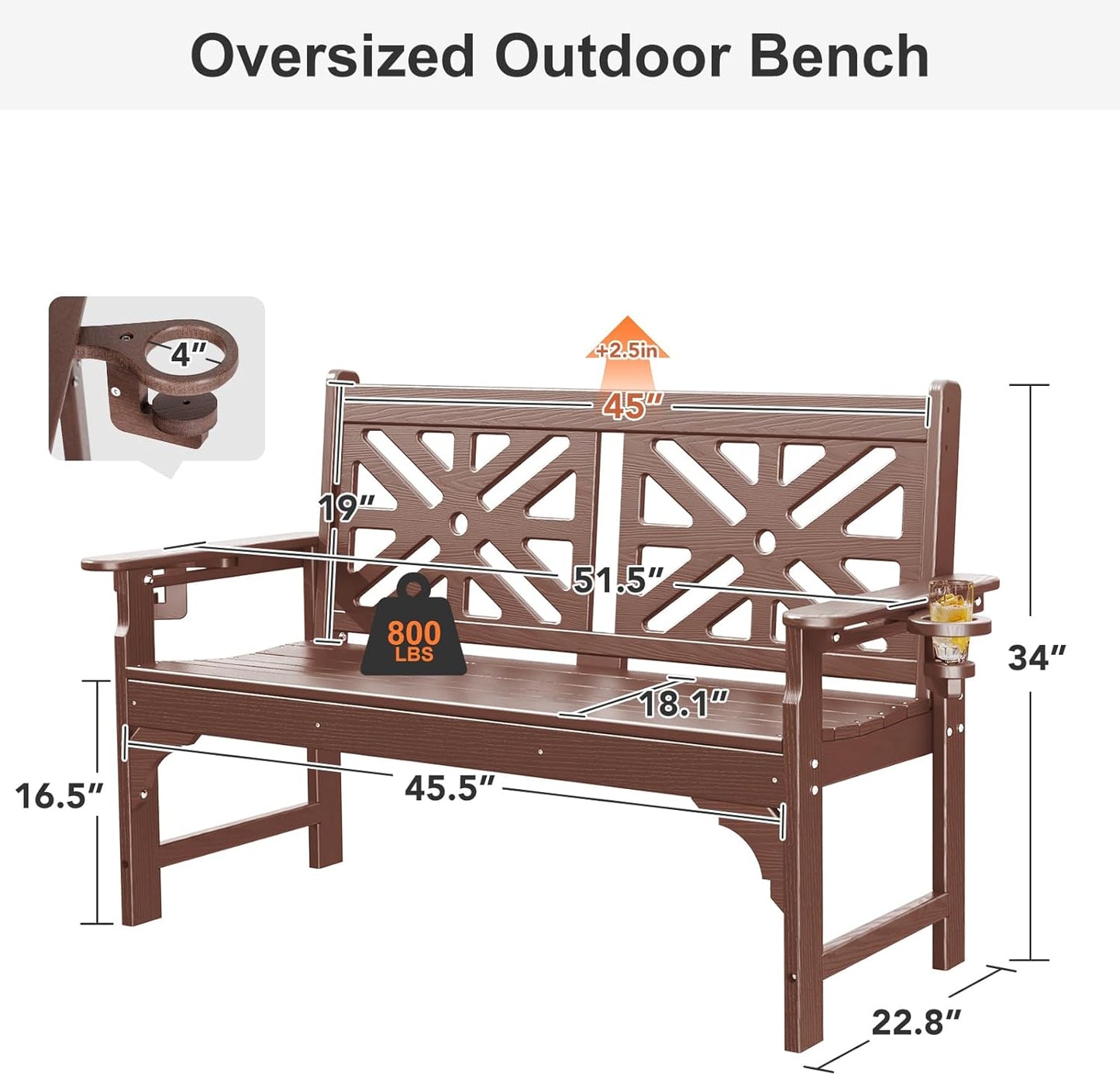 Oversized Outdoor Bench with Cup Holders, 51.5” HDPE Aesthetic Garden Bench for 2 Person, Memorial Benches - Easy Assembly & All Weather, for Porch & Patio, 800lbs Load Capacity (Brown, 1pc)