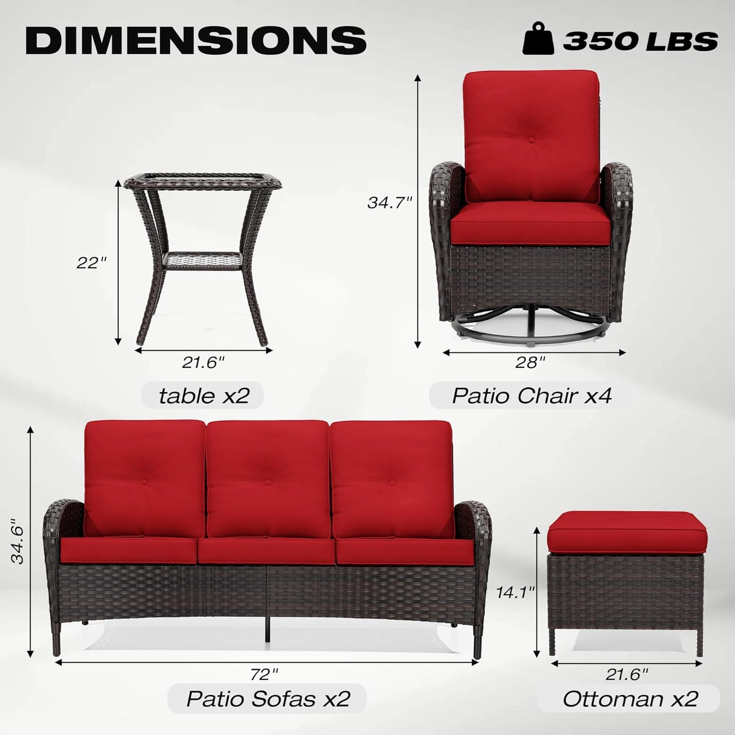 Joyside 10 Piece Patio Furniture Set, Outdoor Wicker Conversation Sets with Swivel Rocker Chairs and Sofa, Thick Cushion, Rattan Patio Sectional for Porch, Deck Use (Brown/Red, 10 PCS)