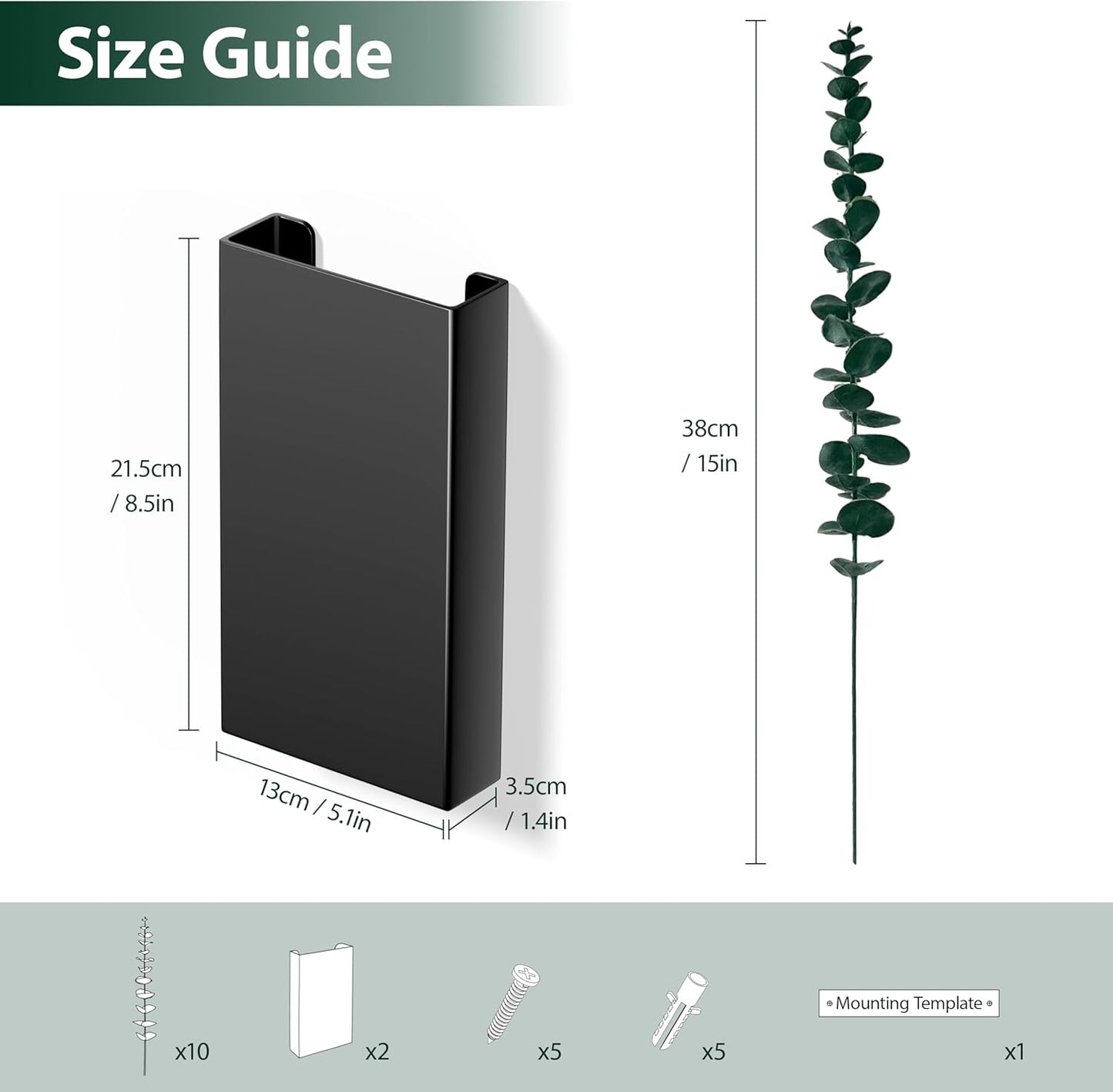 2 Pack Metal Wall Planter Vases Decor with Artificial Eucalyptus, Modern Farmhouse Rustic Hanging Pocket Planters for Indoor Greenery and Flowers, Living Room Bedroom Kitchen Decoration, Black