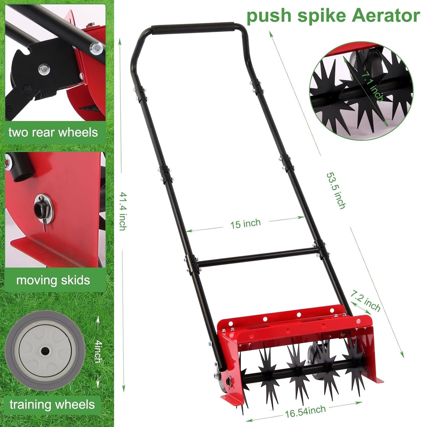 Lawn Aerator,16.5 inch Push Spike Aerator with Side skids, Height Adjustable Rear Wheel Pushed Aerator Lawn Tool, 2025 Upgraded Rolling Manual Tiller,Suitable for Lawn, Garden and Yard.