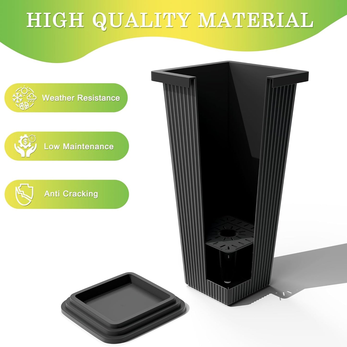 Set of 2 Large Tall Planter for Indoor or Outdoor 24" Flower Pots Tapered Tall Planters with Tray for Porch, Patio, Backyard, Large Planters for Outdoor Indoor Plants(Black,Striped)