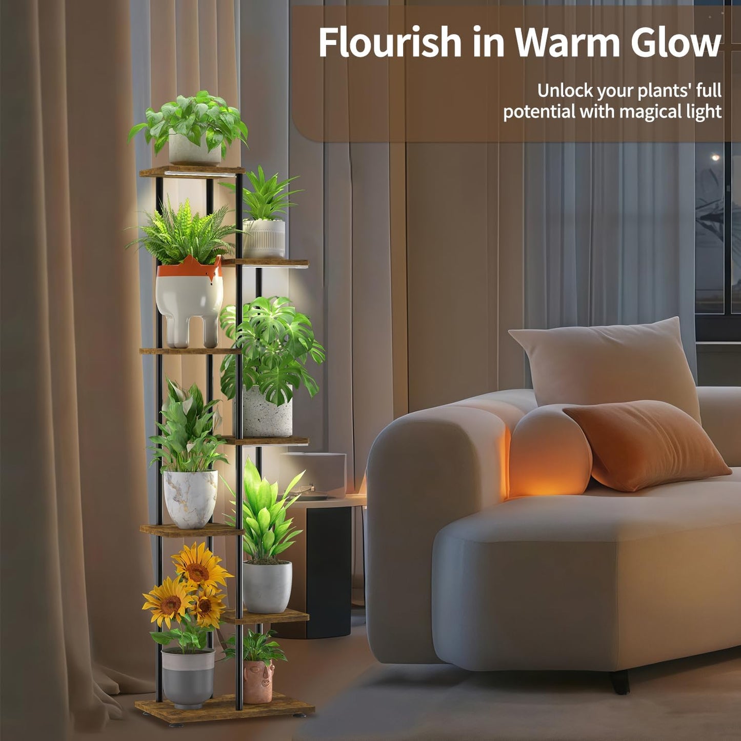 LASZOLA Black 6 Tier Wood Tall Plant Stand Indoor with Grow Lights, Large Heavy Duty Vertical Corner Rack for Multiple Planter, Sturdy Metal Rustic High Flower Shelf Holder Organizer for House Patio