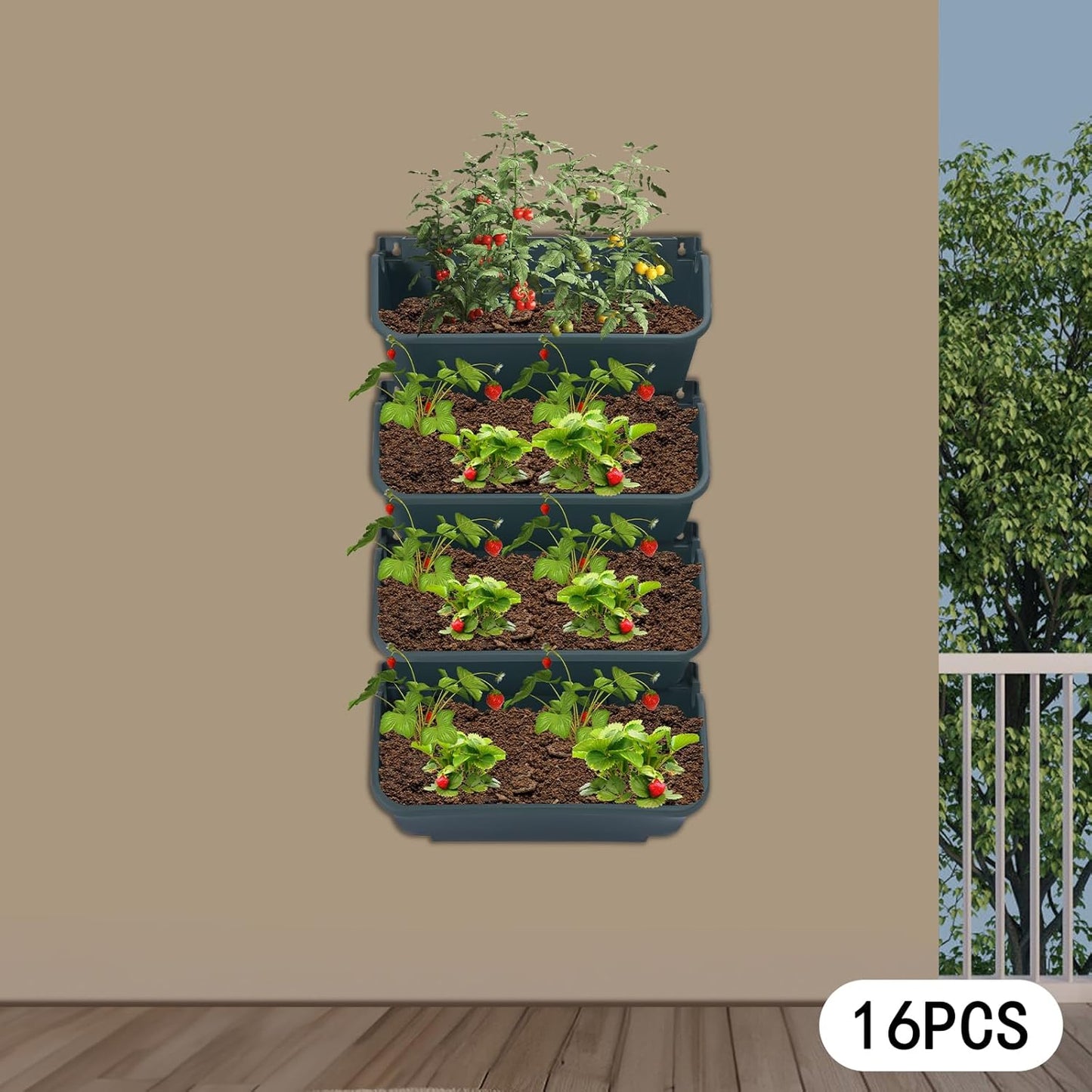 Eapmic Vertical Wall Planter with 16 Pots, Hanging Garden Plant Flowerpot Holder, Stackable Wall-Mounted Planter, Balcony Planters for Flowers Vegetables Fruits (Army Green, 16 Pots)
