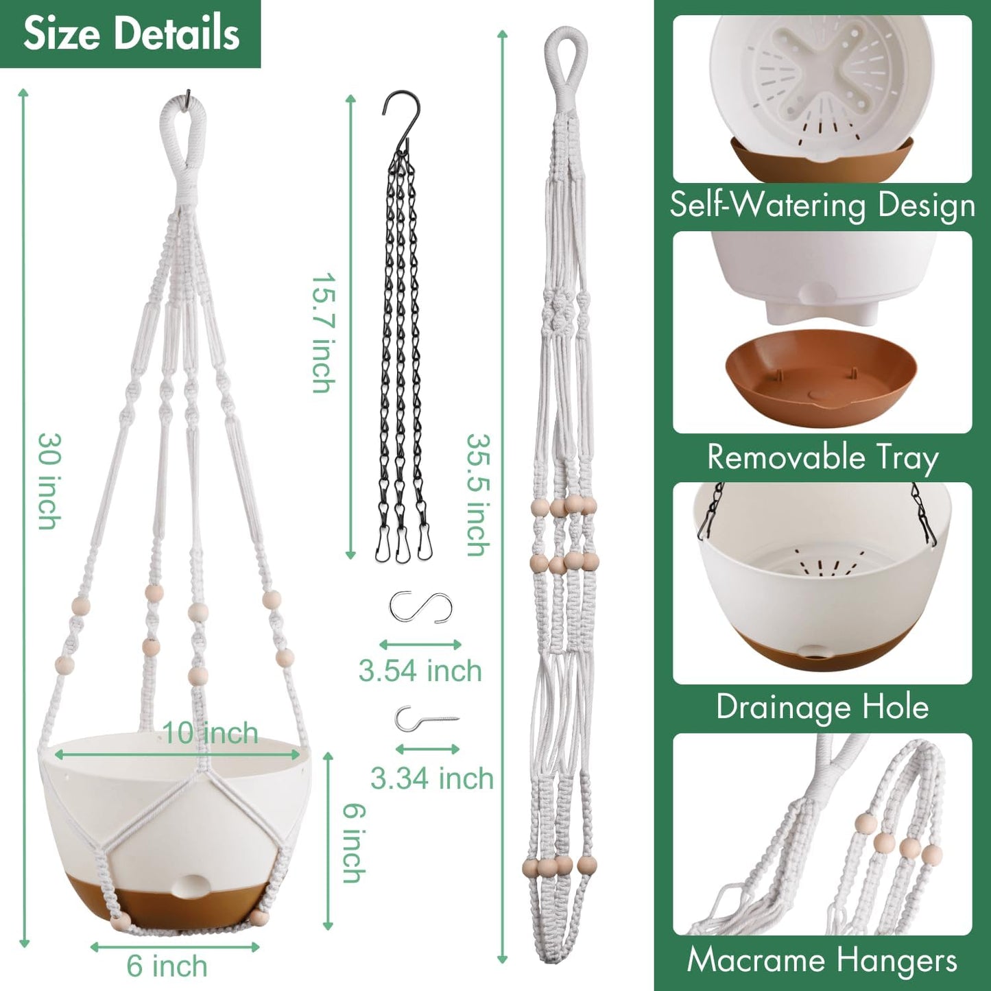 Set of 2-10 Inch Hanging Planters for Indoor Plants with Self-Watering Includes Hanging Pots for Plants, Outdoor Hanging Plant Pot with Drainage, and 2 Types of Hanging Baskets Hangers (White, 10inch)