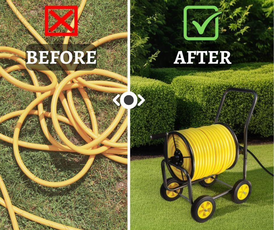 Garden Hose Reel Cart, Heavy Duty Steel Reel with Wheels, Garden Hose Holder for Outside, Backyard, or Lawn, Mobile Garden Cart Holds Up to 250 ft of 5/8’’