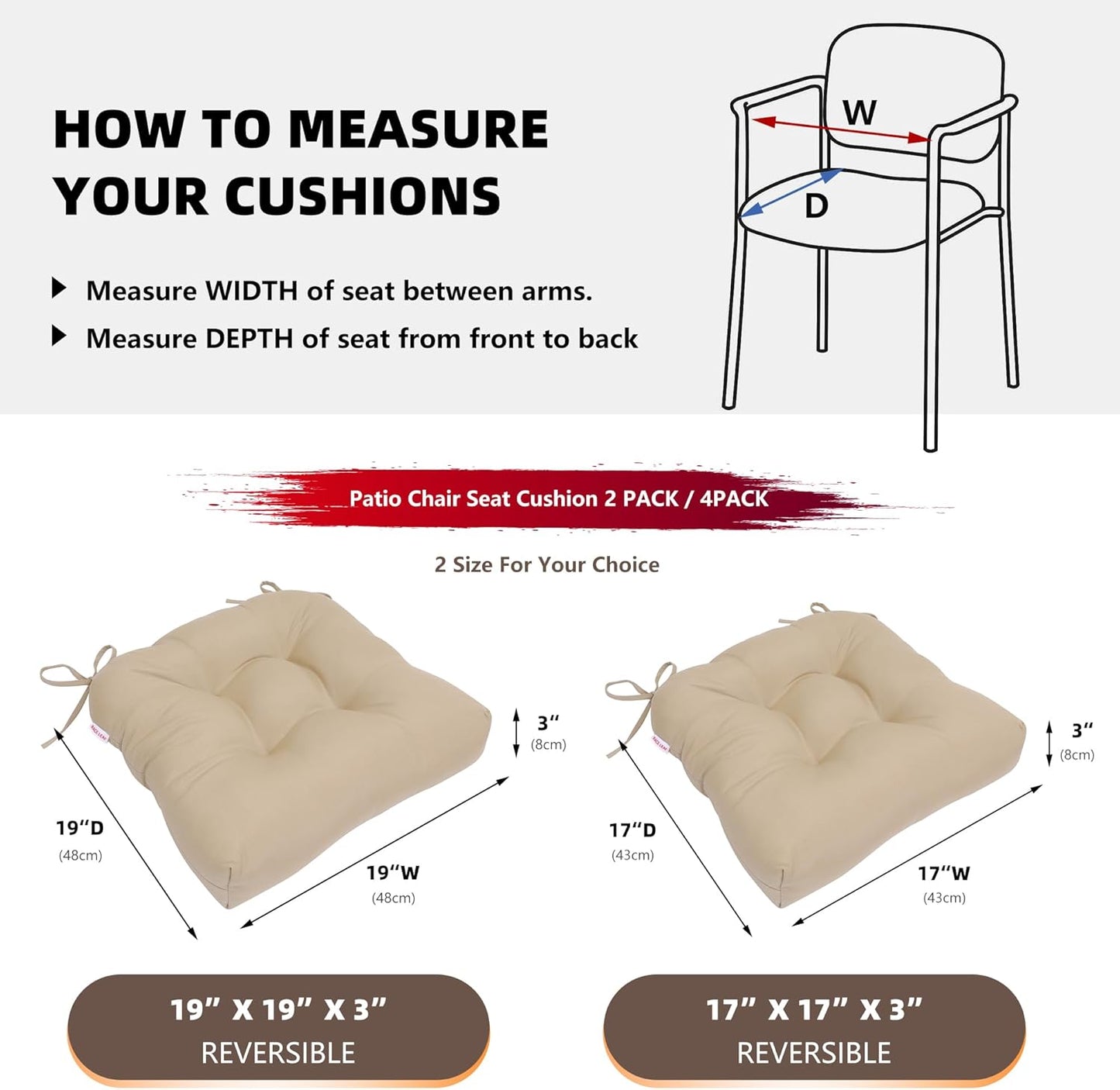 RACE LEAF 4 Pack 17x17 Inch Patio Chair Cushions, Thickened Seat Cushions Waterproof Stain Resistant with Non-Slip Ties (Khaki)
