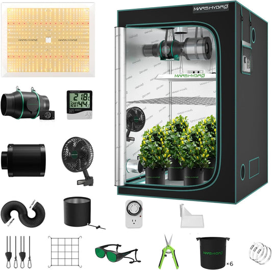 MARS HYDRO 4x4 Grow Tent Kit Complete System with 300W TSW2000 4x4 Full Coverage Dimmable Light,48"x48"x80" 1680D High Reflective Mylar,6inch 32dB,402CFM Adjustable Ventilation Kit,10 Speed Clip Fan