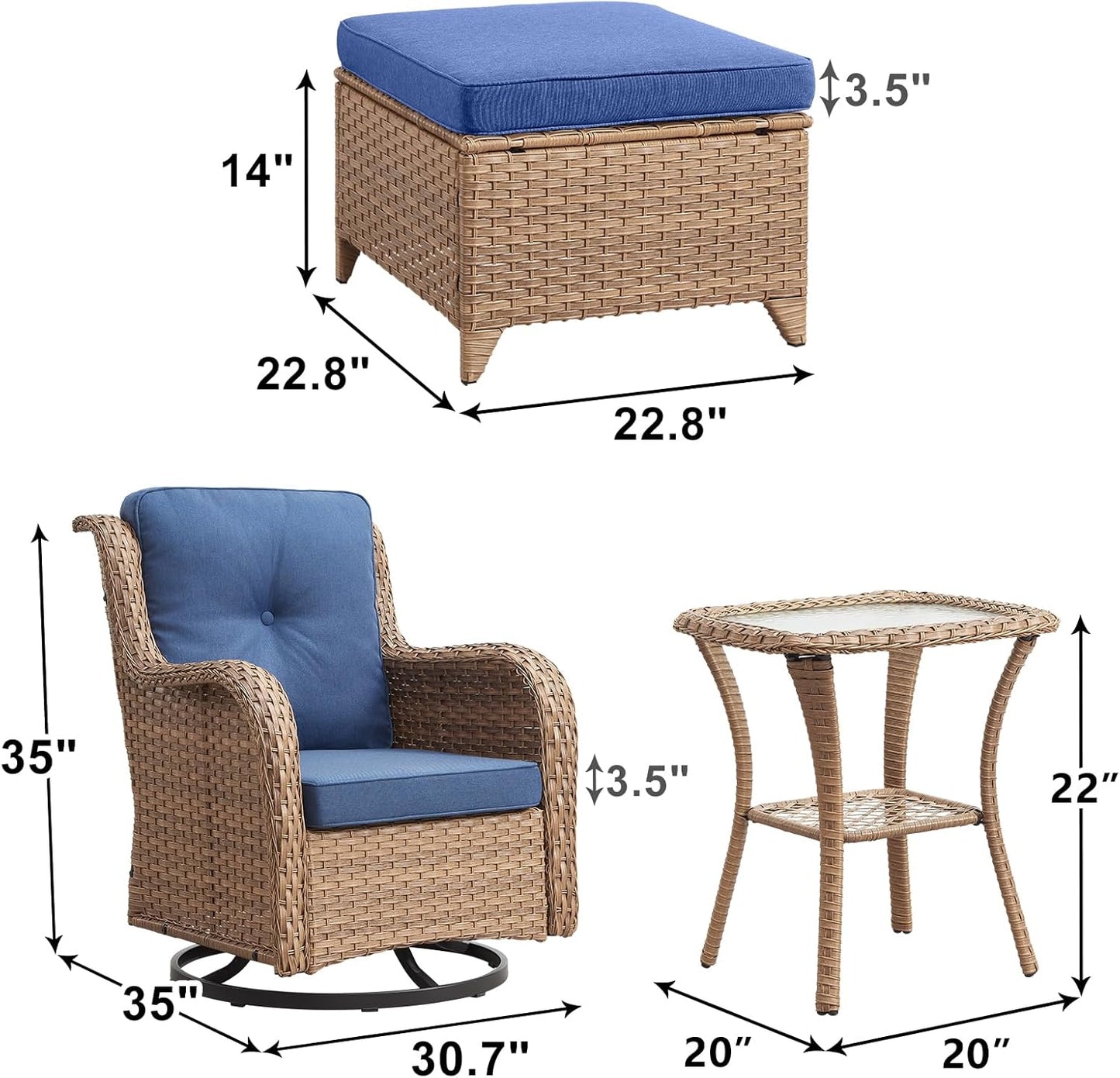 Outdoor Wicker Patio Furniture Set - 5 Pieces Rattan Patio Conversation Set with 2 Rocking Swivel Chairs,2 Ottomans and 1 Side Table for Porch Deck Backyard Garden(Yellow/Blue)