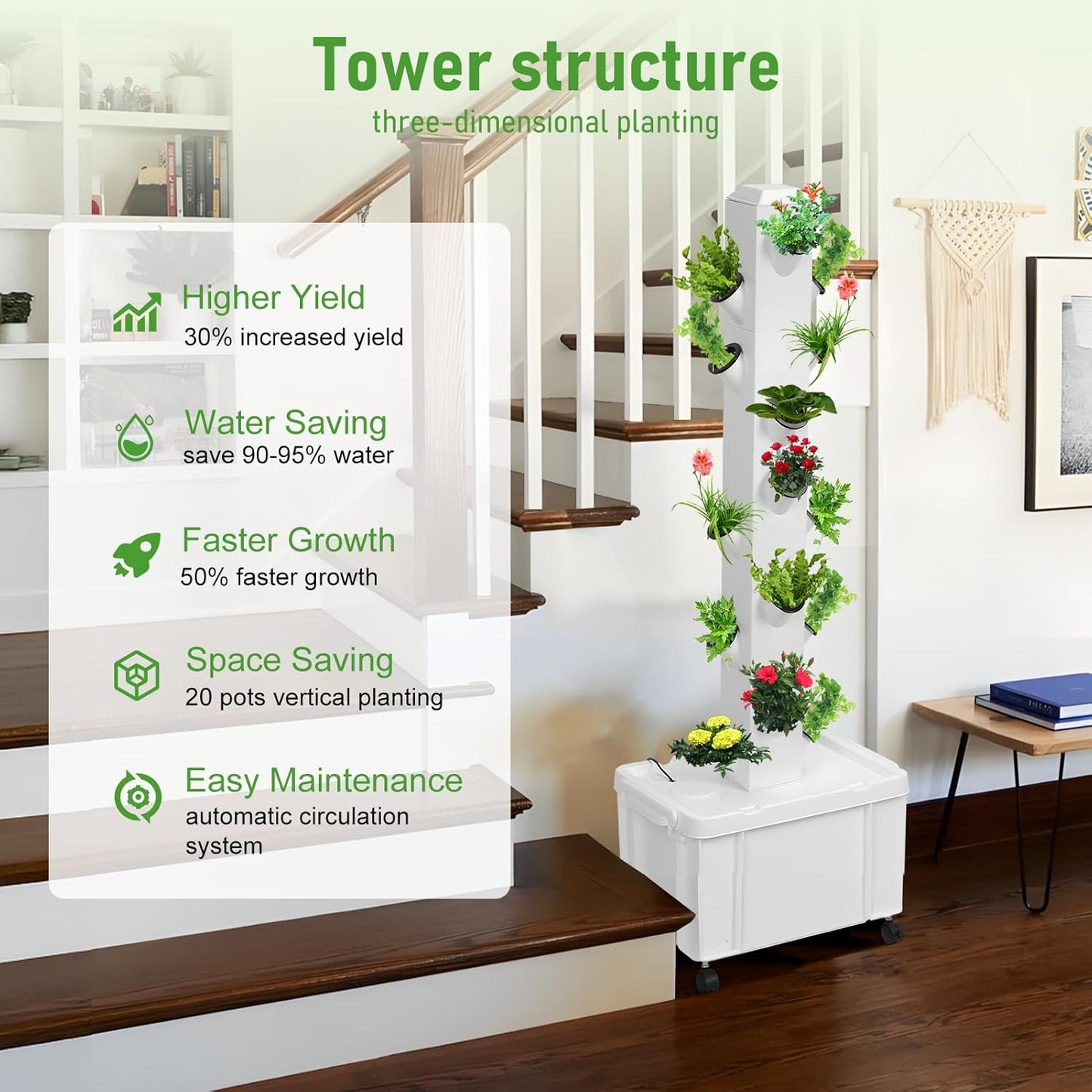 Set Hydroponic Growing Tower with 20L Tank, 6 Layers 30 Plants Indoor hydroponics Growing System kit, Soilless Cultivation Herbs Fruits Vegetables Vertical Planter Tower Kit (White pro)