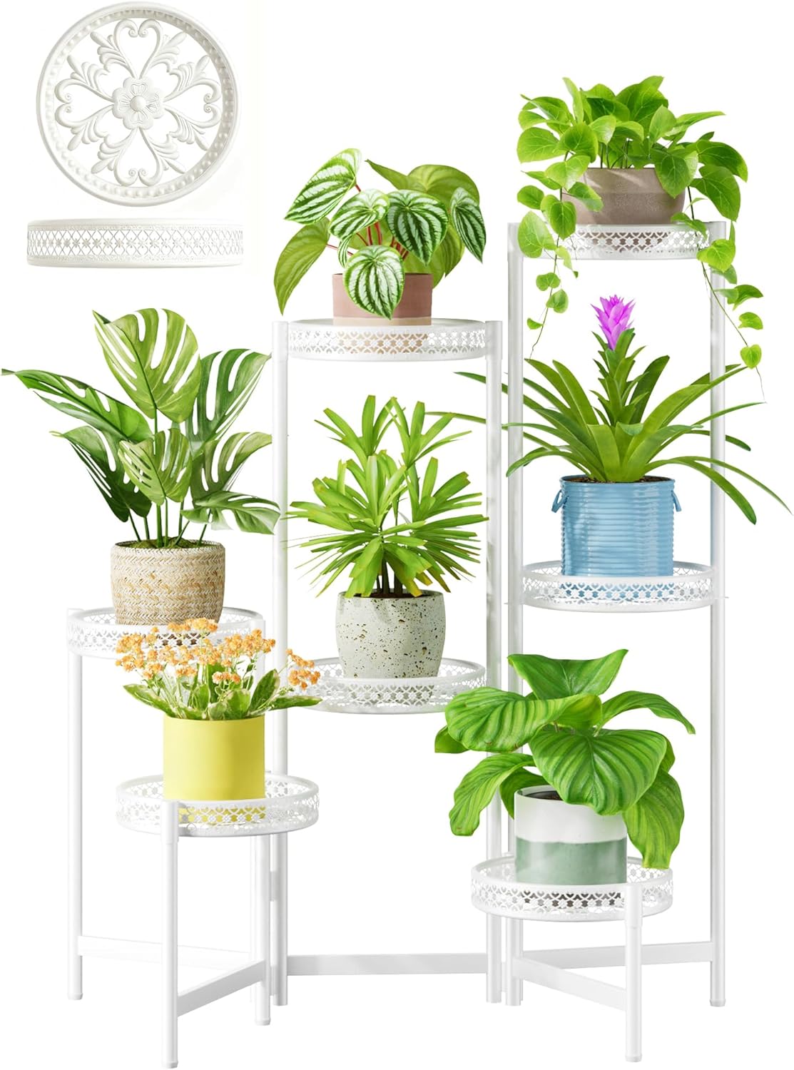7 Tier Plant Stand Indoor Outdoor, Corner Tiered Plant Stands, Planter Display Rack for Multiple Plants, Wrought Iron Flower Stand, Folding Tall Plant Rack Shelf for House Patio Garden - WhiteWave