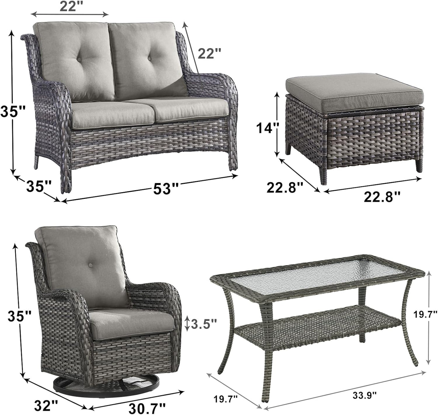 Outdoor Wicker Patio Furniture Set - 6 Piece Rattan Patio Conversation Set with 2 Rocking Swivel Chairs,2 Ottomans,1 Loveseat and 1 Coffee Table for Porch Deck Backyard Garden(Mixed Grey/Grey)
