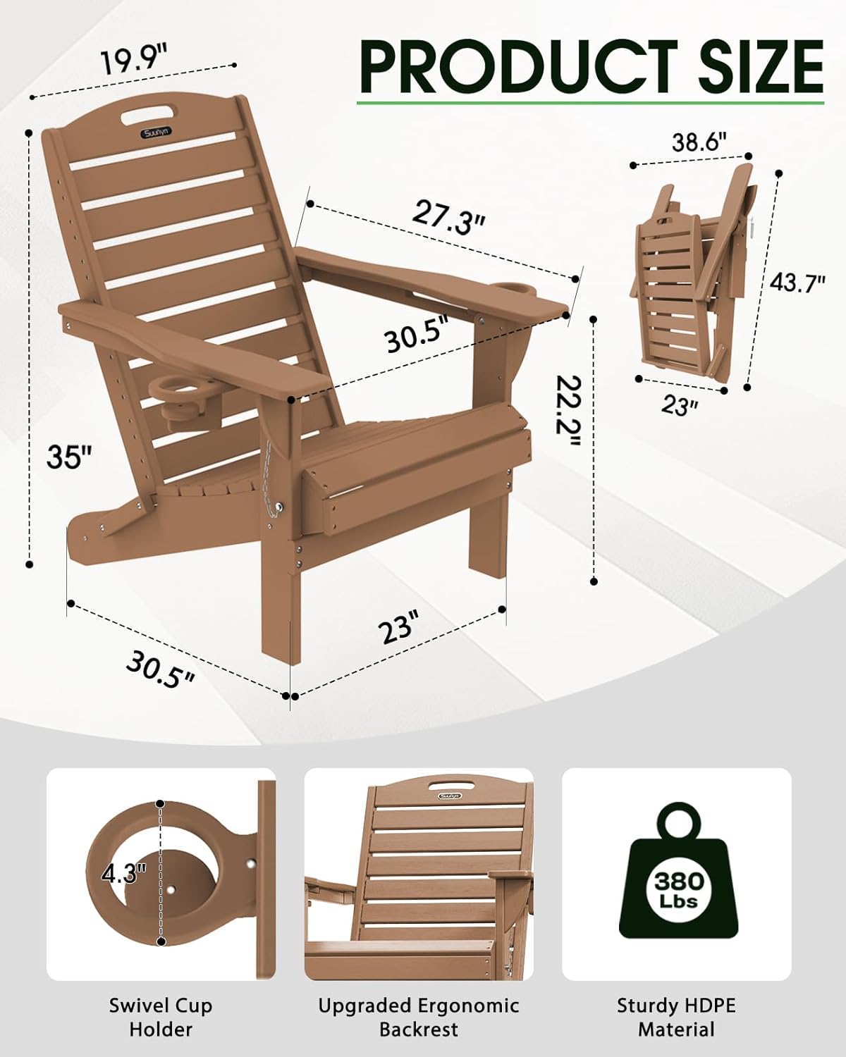 Adirondack Chairs Set of 2, Outdoor Fire Pit Chairs, HDPE All-Weather Adirondack Chairs with Cup Holder, Lawn Chair for Deck, Patio, Garden (Teak)