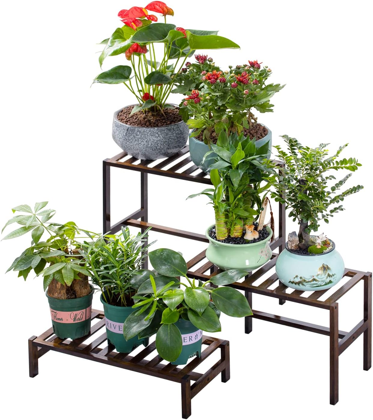 YONGZHAO Bamboo 3-Tier Ladder Plant Stand, Planter Holder Flower Pot Display Shelf, Freestanding Plants Rack for Home Garden Patio Balcony Indoor Outdoor