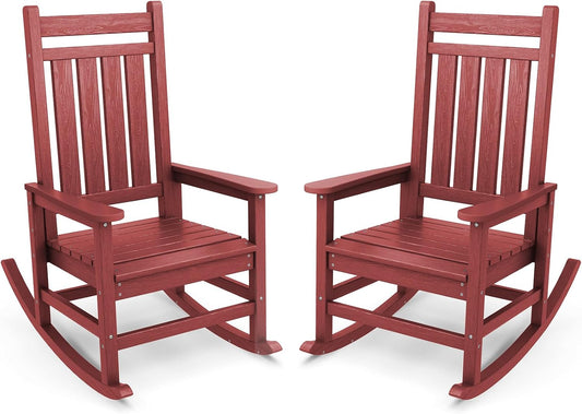 SERWALL Outdoor Rocking Chair Set of 2, HDPE Rocking Chairs for Adult, All Weather Porch Rockers for Lawn Garden, Crimson Red