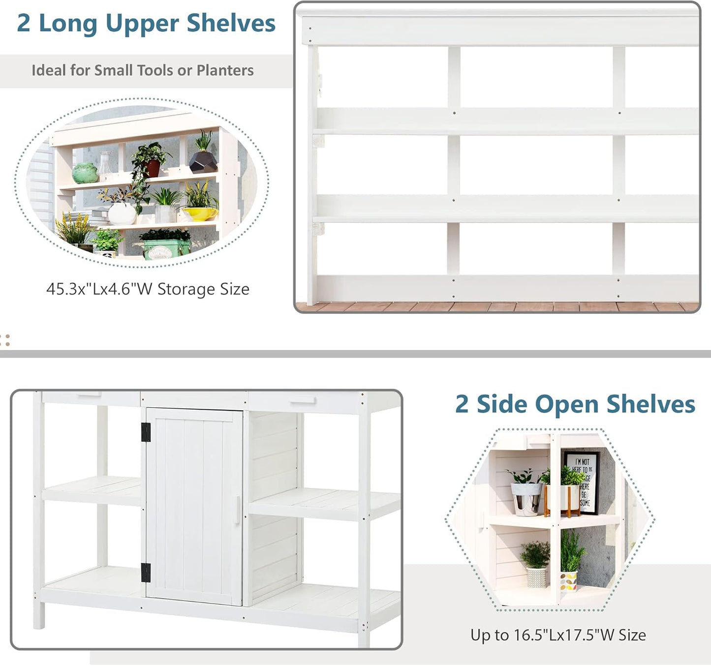 Outdoor Wooden Potting Bench Table – Farmhouse Garden Workstation with Drawers, Cabinet & Storage Shelves, Large Fir Wood Work Table for Patio, Backyard, Mudroom, Greenhouse (White, 66'' H)