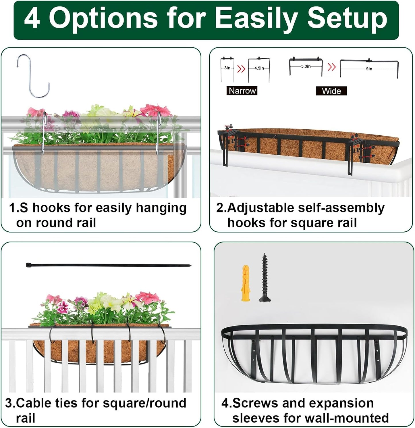DUNCHATY Railing Planter Window Box - 4 Pack 24" Horse Trough Planter with Coco Fiber Liner - Deck Balcony Rail Planter for Porch Fence Patio Outdoor