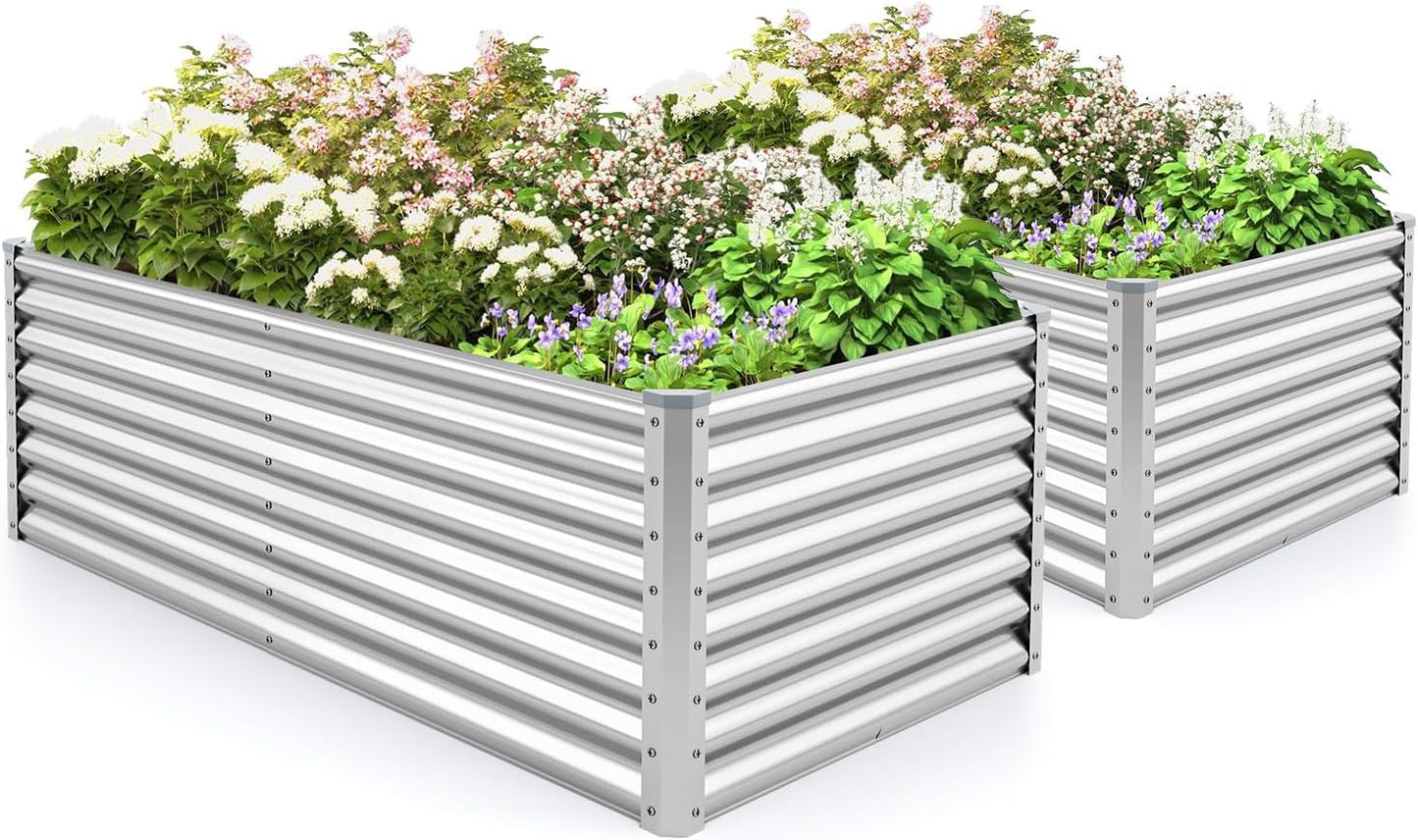 2 Pieces Rectangular Raised Garden Beds, Galvanized Garden Planter with Open Bottom, Sprayed Plate & Corner Protectors, Outdoor Metal Planter Box for Vegetables, Flowers & Herbs(Sliver)