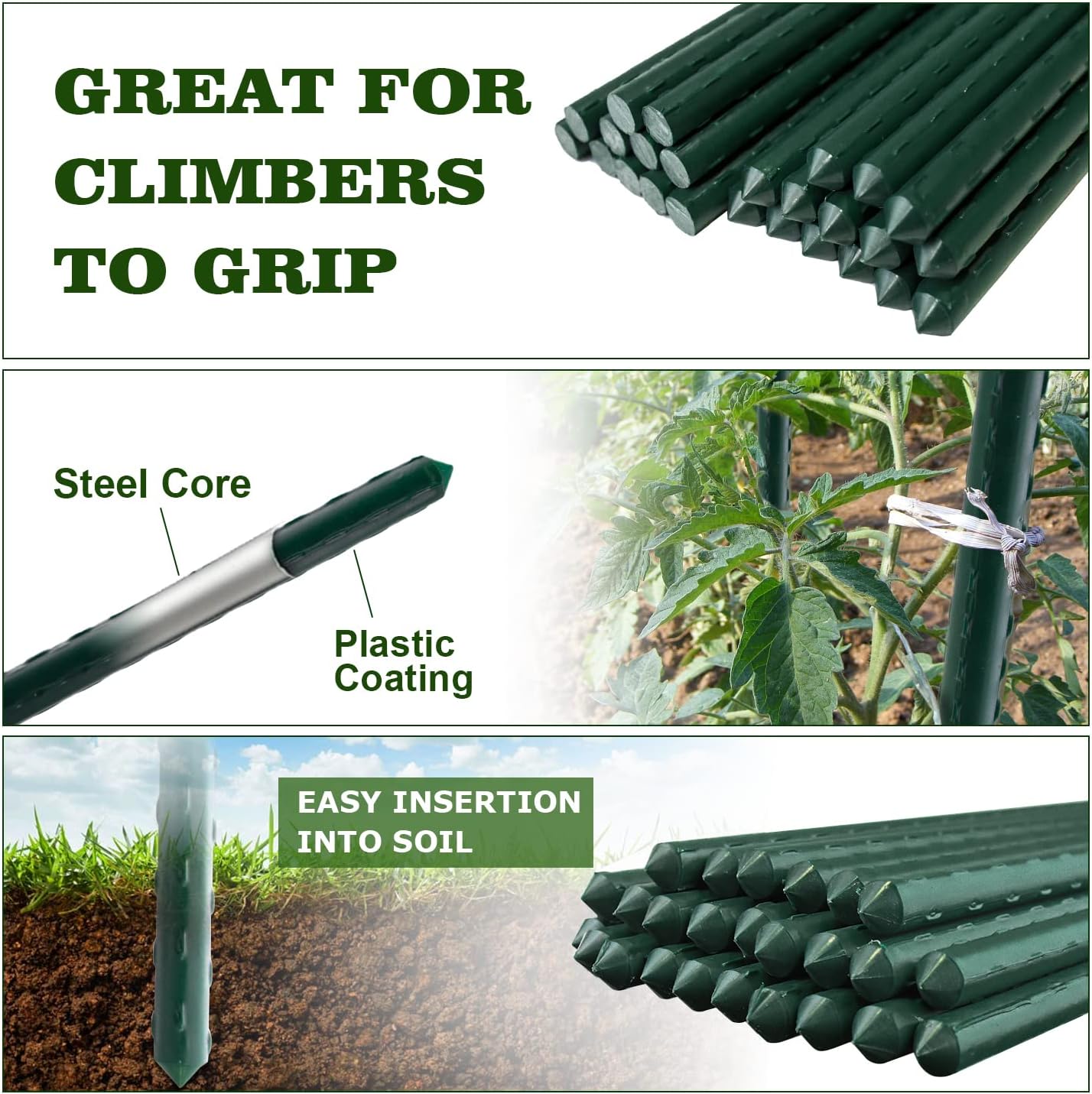 25pcs Steel Plant Stakes 3 Feet,Sturdy Plant Sticks, Plastic Coated Metal Garden Stakes Supports Climbing for Tomato, Bean, Flowers, Tree Potted