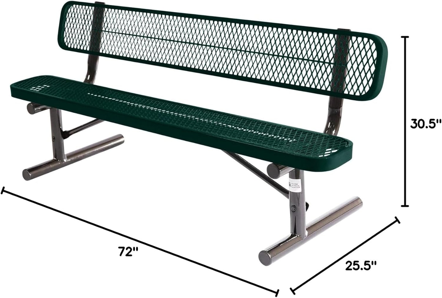 Heavy-Duty Portable Outdoor Bench Thermoplastic Coated, Expanded Metal, Commercial-Grade Seating, Made in America (Portable with Back, 6 Ft, Textured Dark Green)