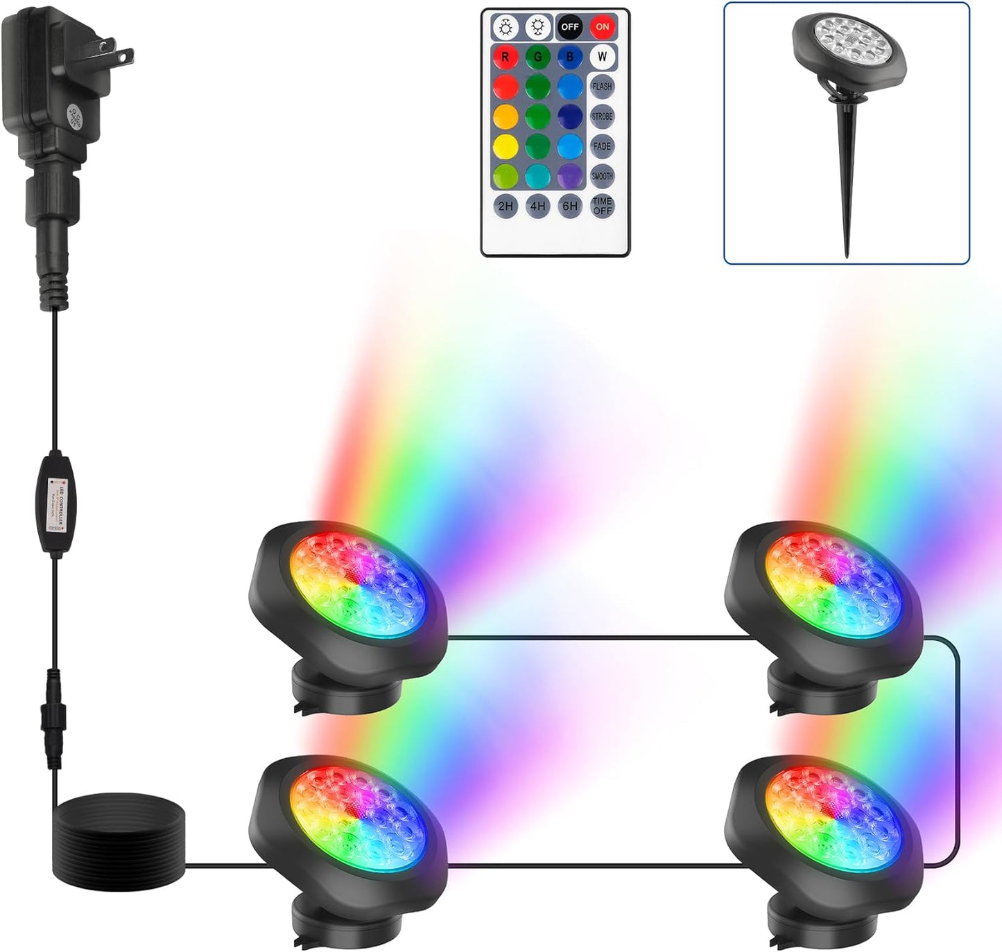 RGBW Pond Lights with Timer, 18 LED Super Bright Underwater Submersible Fountain Lights Color Changing Spotlights, Remote Control IP68 Waterproof for Fish Aquarium Tank Garden Pool (Set of 4)