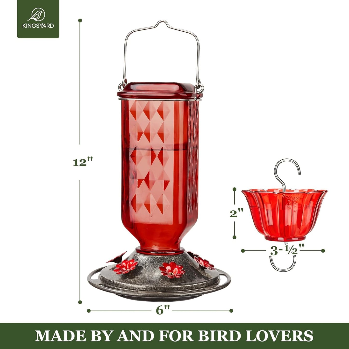 Kingsyard 2 Pack Glass Hummingbird Feeder for Outdoor Hanging, 24 Ounces, 6 Feeding Ports, Bird Nectar Feeder for Garden Décor, Ant Moat Included, Red