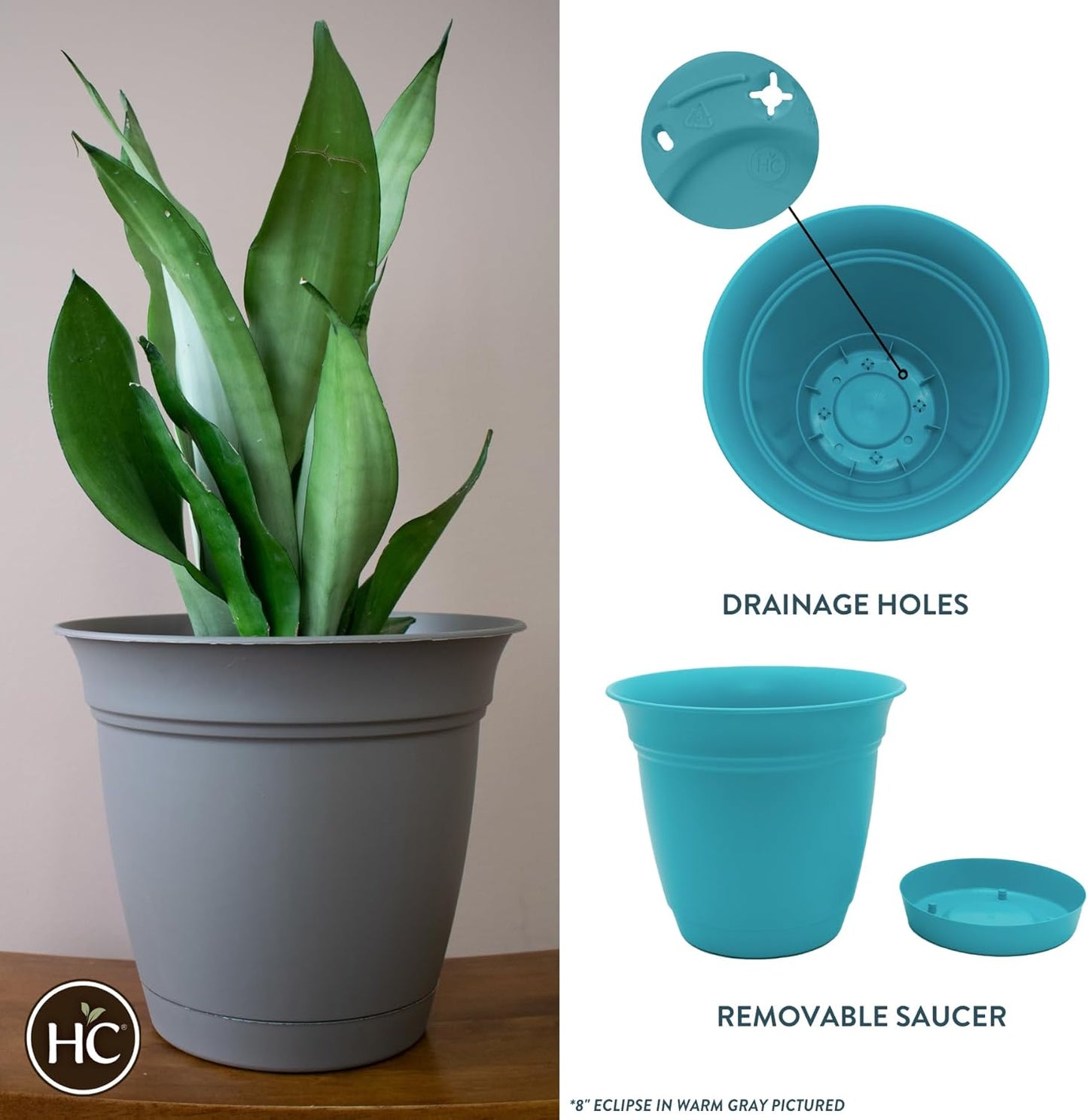 The HC Companies Eclipse Round Planter with Saucer - Outdoor & Indoor Plant Pot with Drainage Holes - Lightweight, UV-Resistant Plastic Pots for Plants, Flowers & Herbs (12" Teal, Pack of 6)
