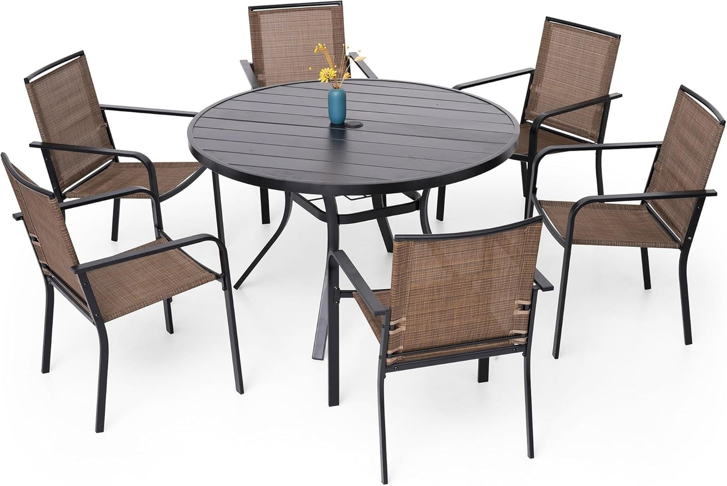 7-Piece Patio Dining Set, 48-Inch Round Dining Table with 6 Stackable Chairs, All-Weather Brown Tan