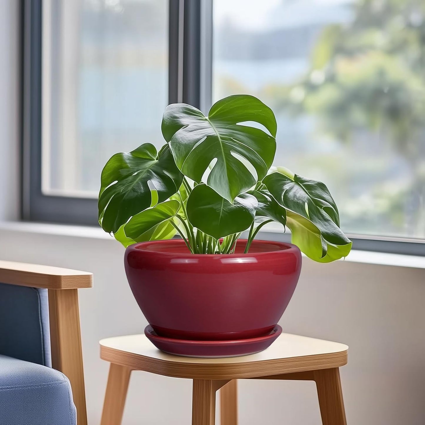 Ceramic Plant Pot 9 Inch - Planter Pot with Drainage Hole and Saucer, Round Large Planter for Indoor Plants, Outdoor Flower Pot for House Patio Decor, Red