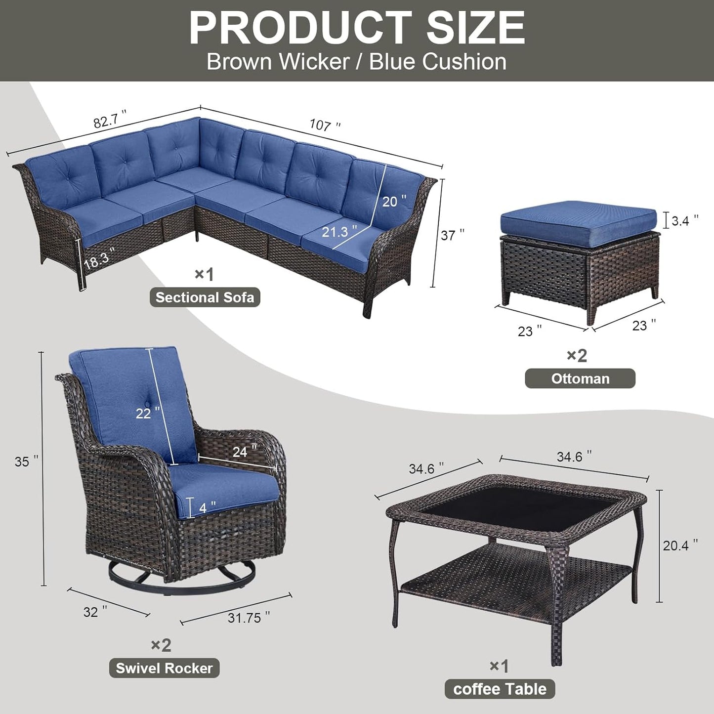 Outdoor Furniture Sectional Sofa L Shaped Couch - Patio Wicker Set with 2 Swivel Glider Chairs, 8 Piece Rattan Patio Conversation Sets with Blue Cushion for Deck Backyard Sunroom