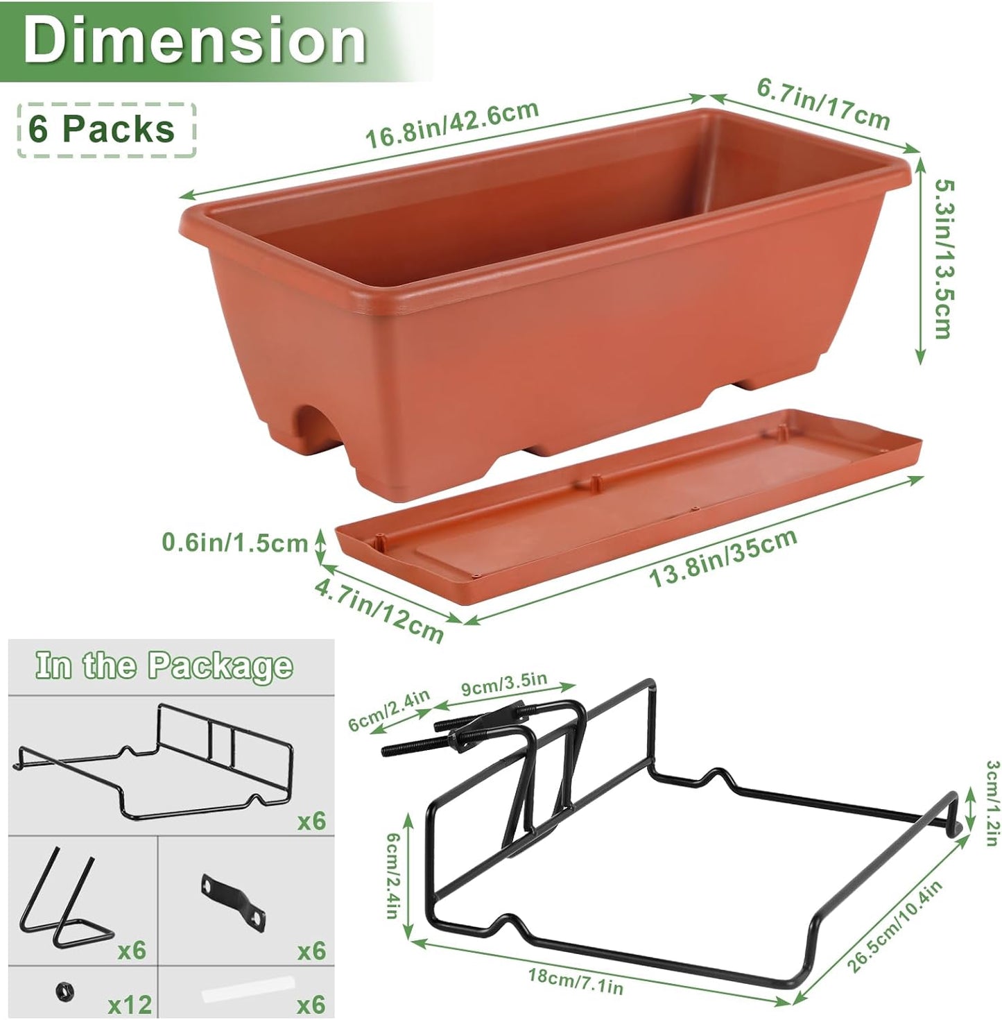 HAITRAL 16.9 Inch Deck Railing Planter Boxes for Plants, Rectangular Hanging Window Boxes Planters with Metal Flower Pots Brackets - 6 Pack Railing Planter Box for Balcony Fences Garden, Red