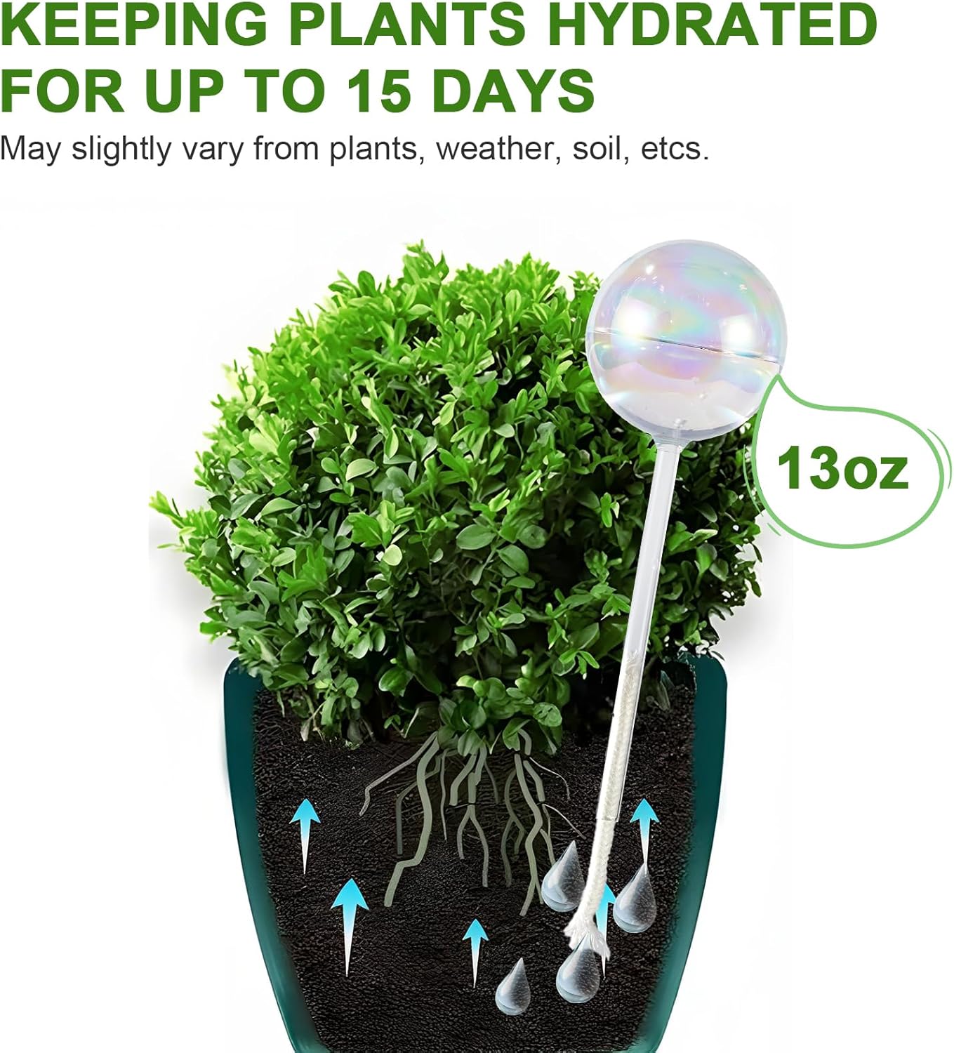 4PCS Extra Large Plant Watering Globes, 13 oz Up to 15 Days Light Iridescent Glass Self Water Bulbs for Indoor Outdoor Plants, Vacation Automatic Planter Waterer System Self-Watering Stakes