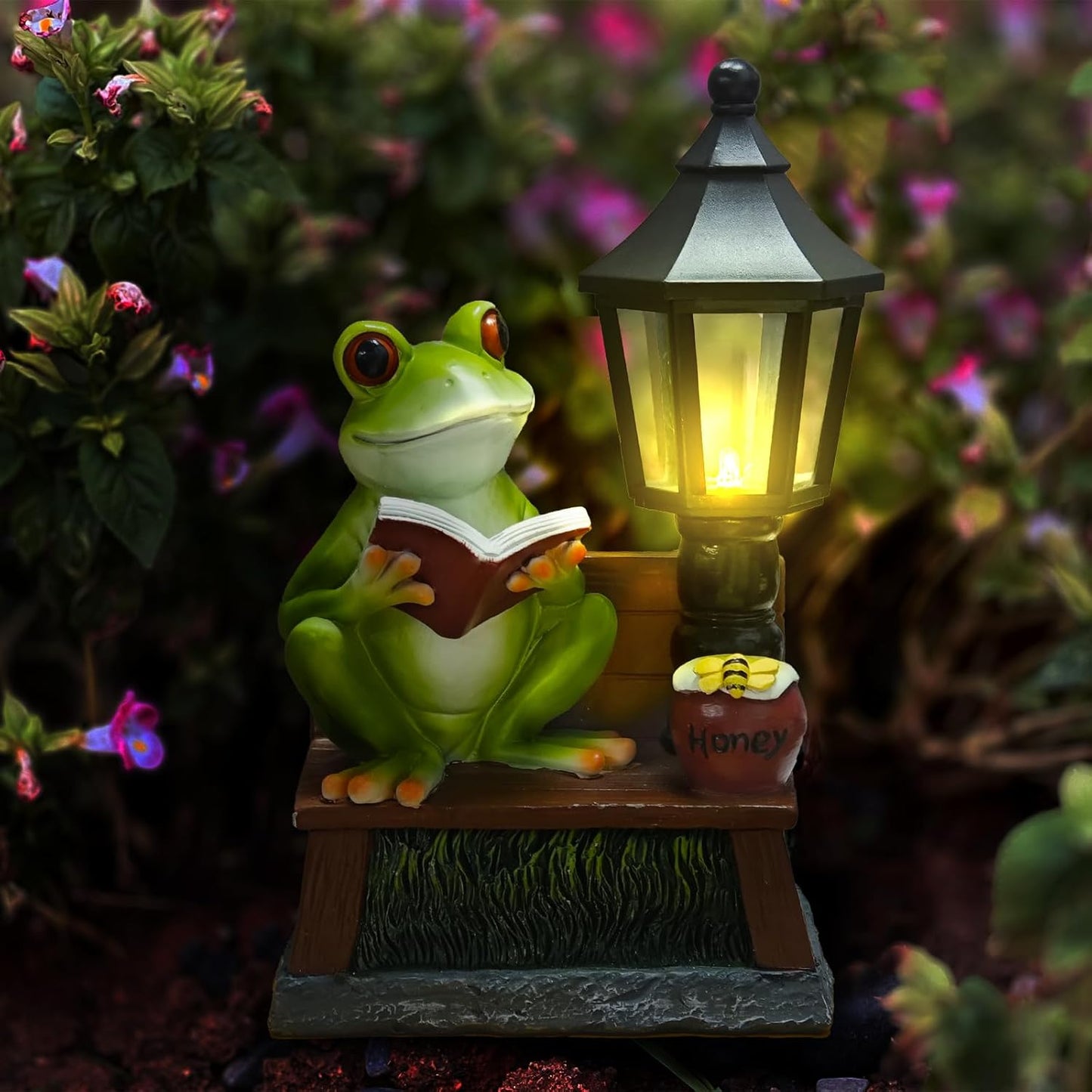 Frog Garden Statue Home Outdoor Decor - Solar Frogs Learning Sculptures Auto LED Waterproof Lights, Garden Outside Figurine Ornament, Women/Gardening/Housewarming Gift for Yard/Pond