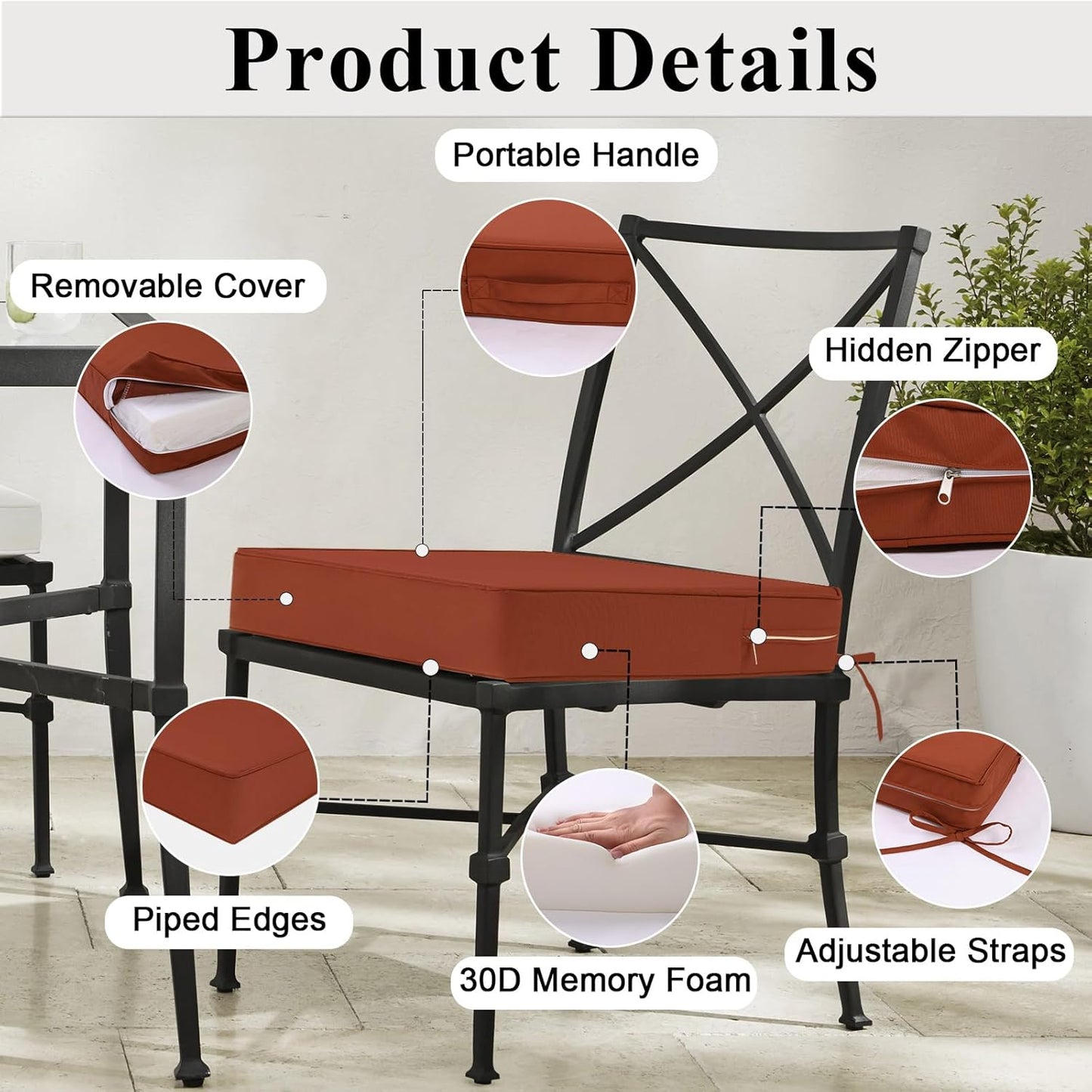 Outdoor Chair Cushions Set of 2 for Patio Furniture 24x24x4 Inch Waterproof Patio Chair Cushion 3 Year Color Fastness Square Elastic Foam Garden Sofa Couch Pads with Ties and Handle,Spice