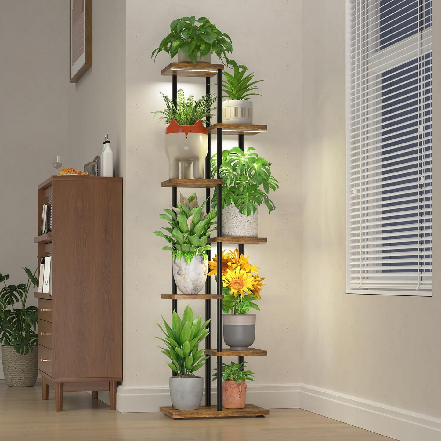 LASZOLA Black 6 Tier Wood Tall Plant Stand Indoor with Grow Lights, Large Heavy Duty Vertical Corner Rack for Multiple Planter, Sturdy Metal Rustic High Flower Shelf Holder Organizer for House Patio