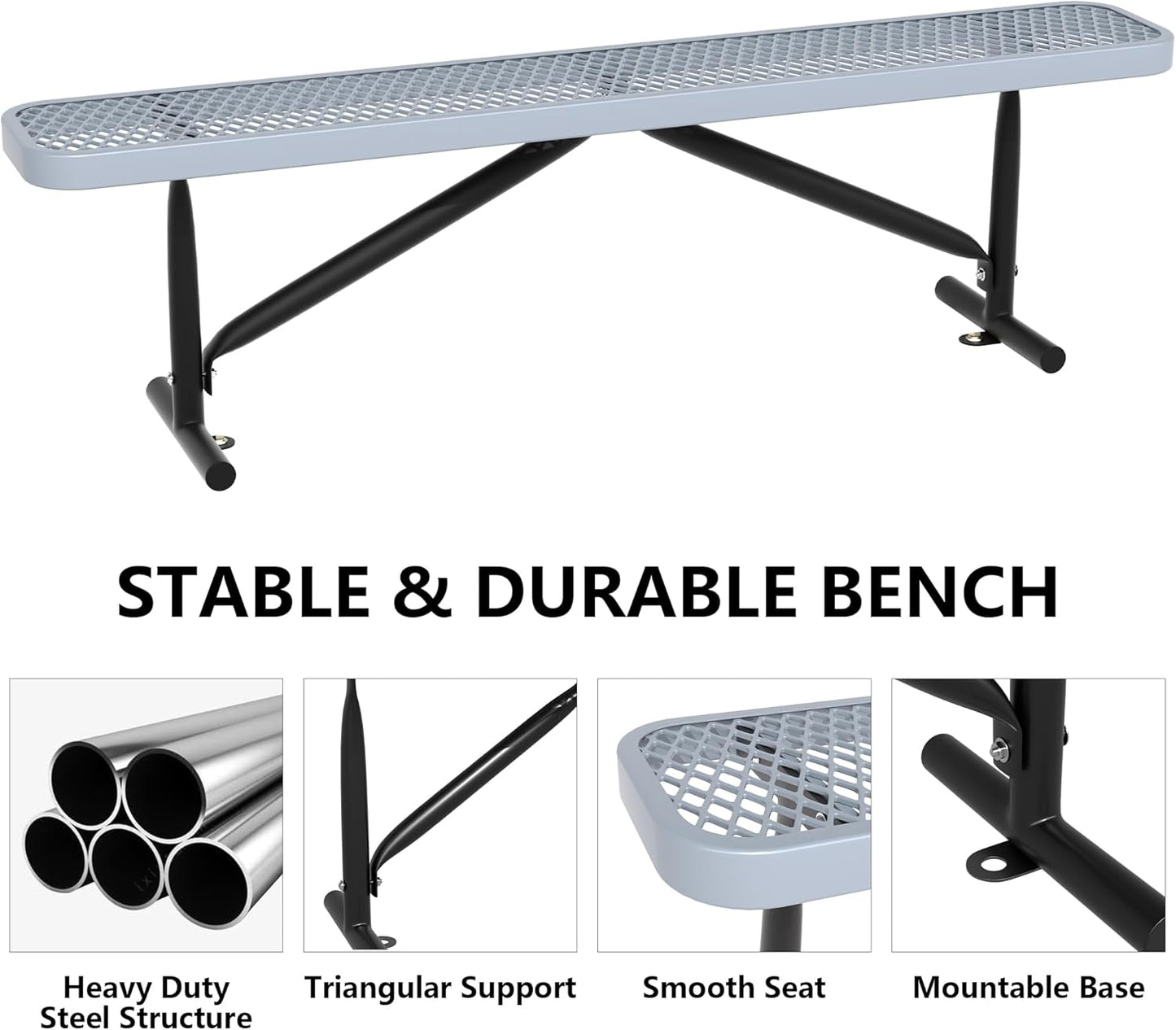 48" L Outdoor Steel Flat Bench, Heavy Duty Metal Park Bench for Outside, Expanded Metal, Commercial Benches Mesh Bench for Shopping Mall, Store, Lawn, Park, Patio, Deck, Garden (Grey, 6FT)