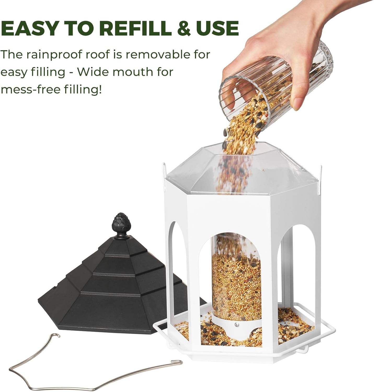 Kingsyard Metal Bird Feeder for Outdoors Hanging, 3 lbs Seed Feeder, Wild Bird Feeders for Garden Cardinal Finch Bluebird, Easy to Fill & Clean, White