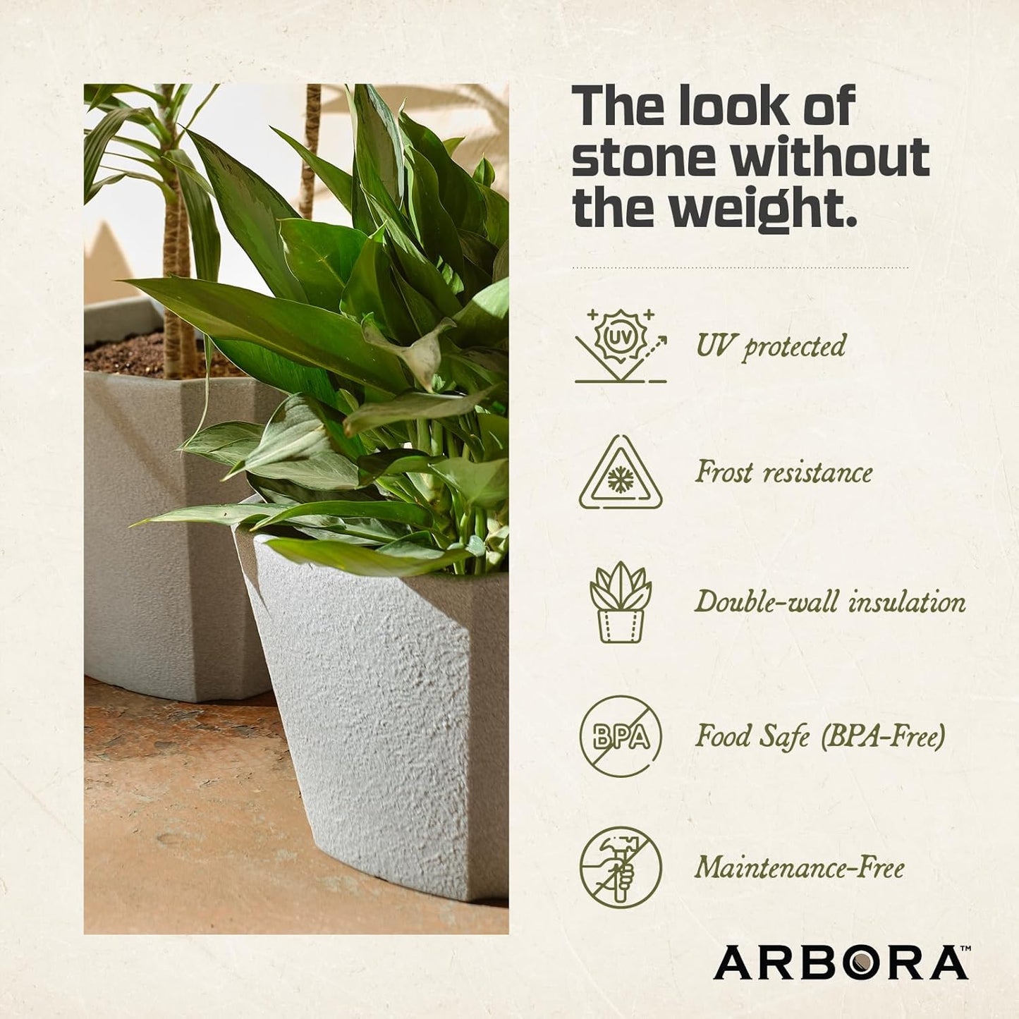 ARBORA 20" Monaco Square Polyresin Indoor and Outdoor Planter with Stone Blend Concrete Gray Finish - Durable, Weatherproof, Lightweight, Large Plant Pot for Patio, Garden, Deck, Entryway