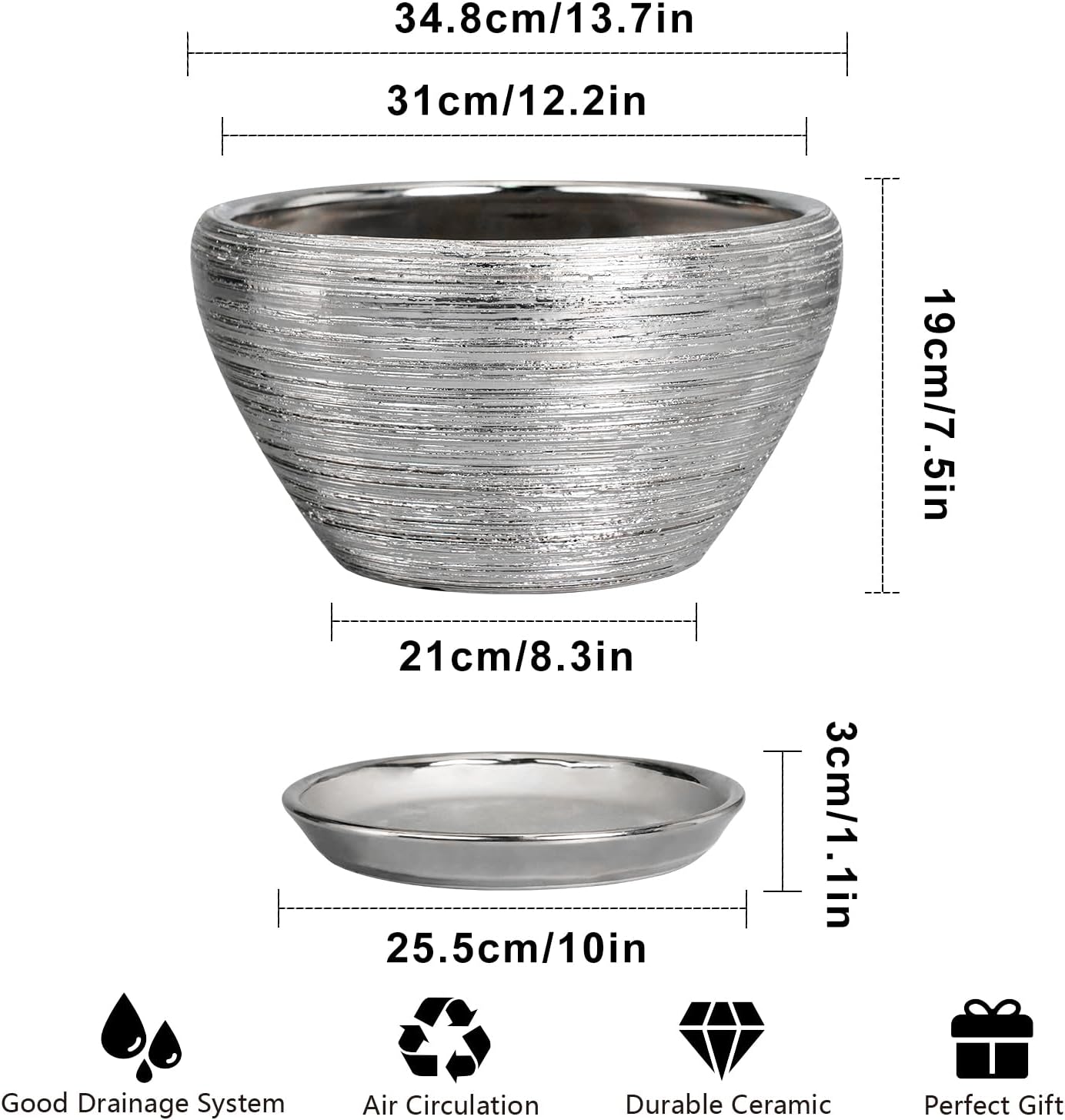 Flower Pot for Indoor Plants - Ceramic Planter 13 Inch Plant Pot with Drainage Hole and Saucer Large Decorative Planter Outdoor Mid-Century Planter for House Decor Silver