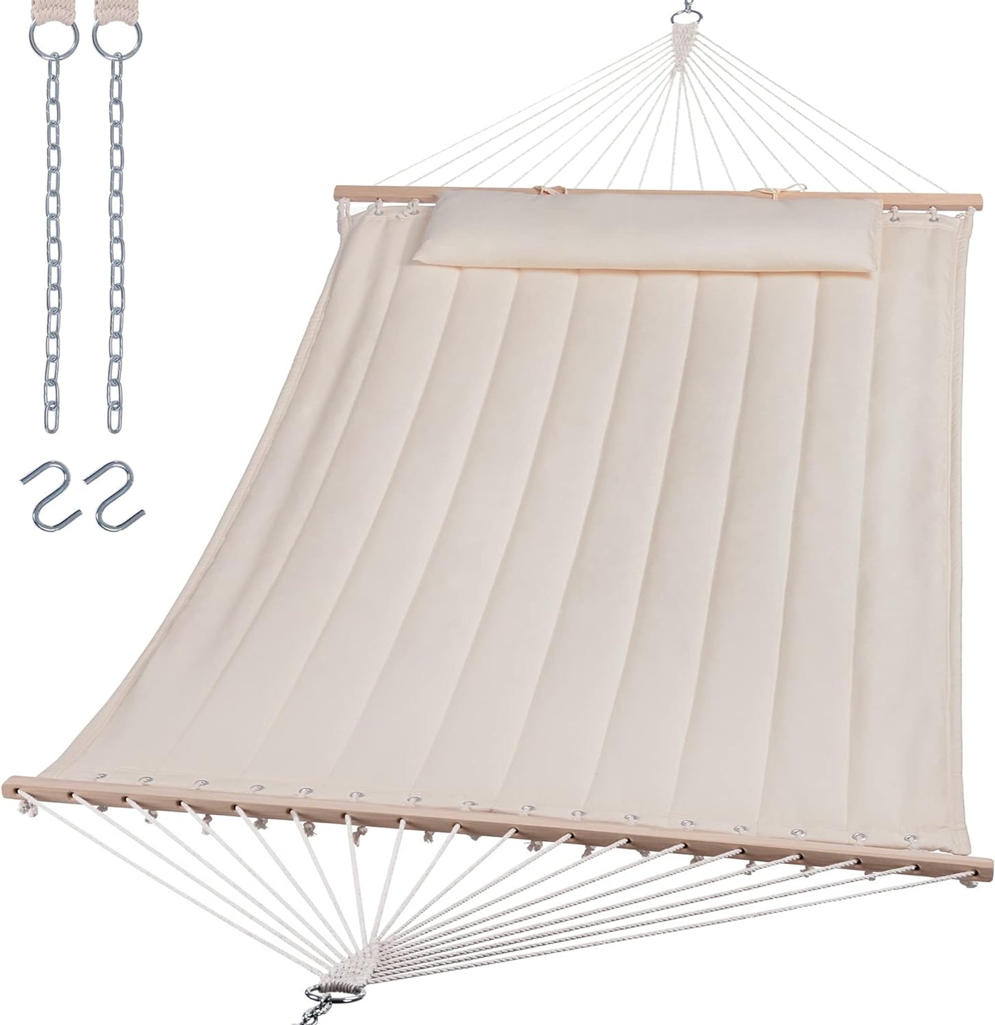 SUNCREAT Double Hammock for 2 Person, Extra Large Outdoor Portable Hammock with Hardwood Spreader Bar, Soft Pillow, 475 lbs Capacity, Beige