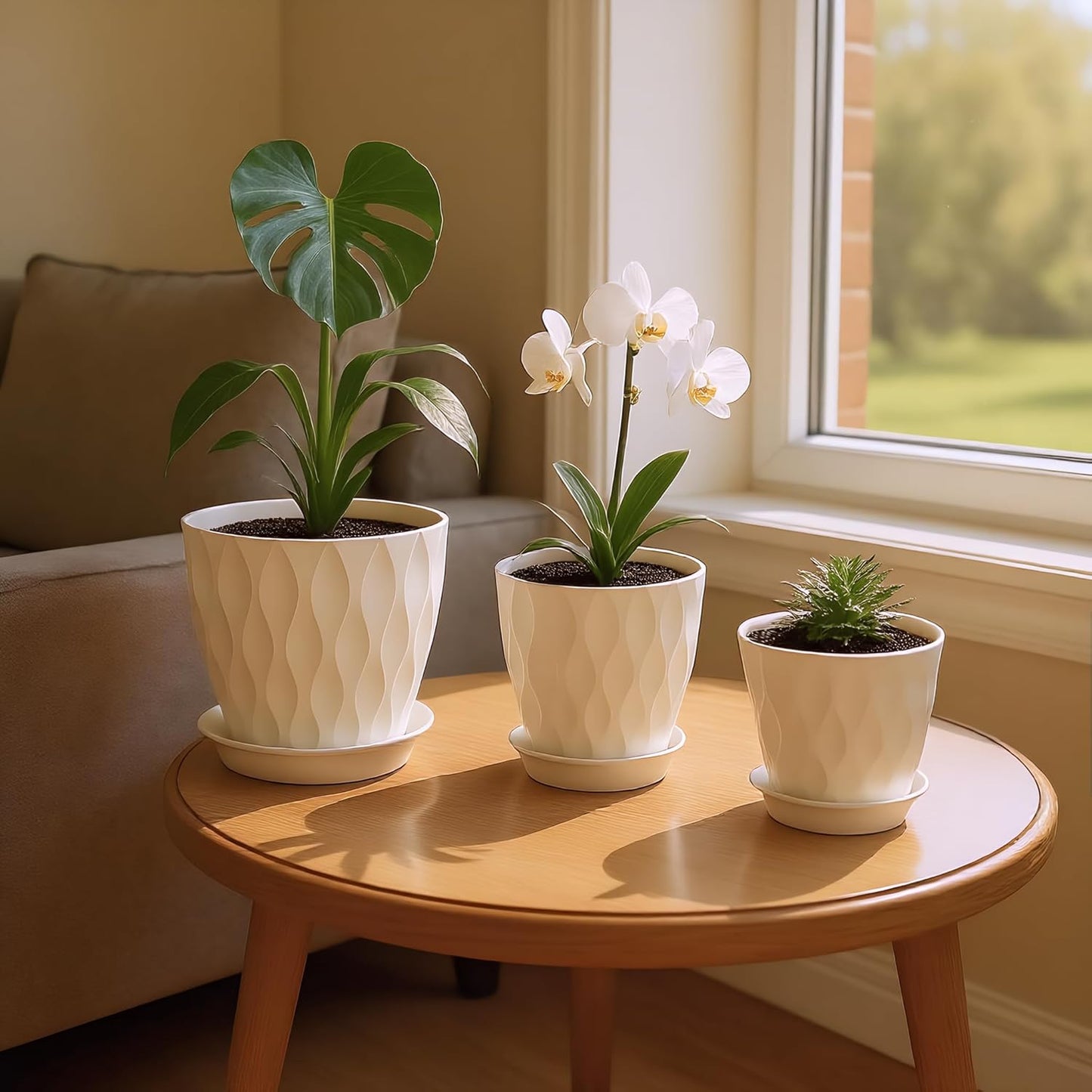 Plastic Plant Pots with Drainage Holes and Saucers, 8/7/6/5/4 Inches Garden Plant Flower Pots for Indoor Planter, 5 Pack Nursery Planting Pot for Indoor & Outdoor House Plants (White, 8/7/6/5/4)