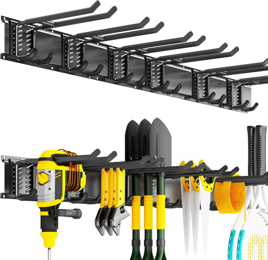 Garage Organization Tool Organizer Wall Mount, 48inch Heavy Duty Garden Tool organizer Storage System, Easy Install With 6 Adjustable Bilayer Hooks, For Garage, Basement, Shed, Workshop(Black)